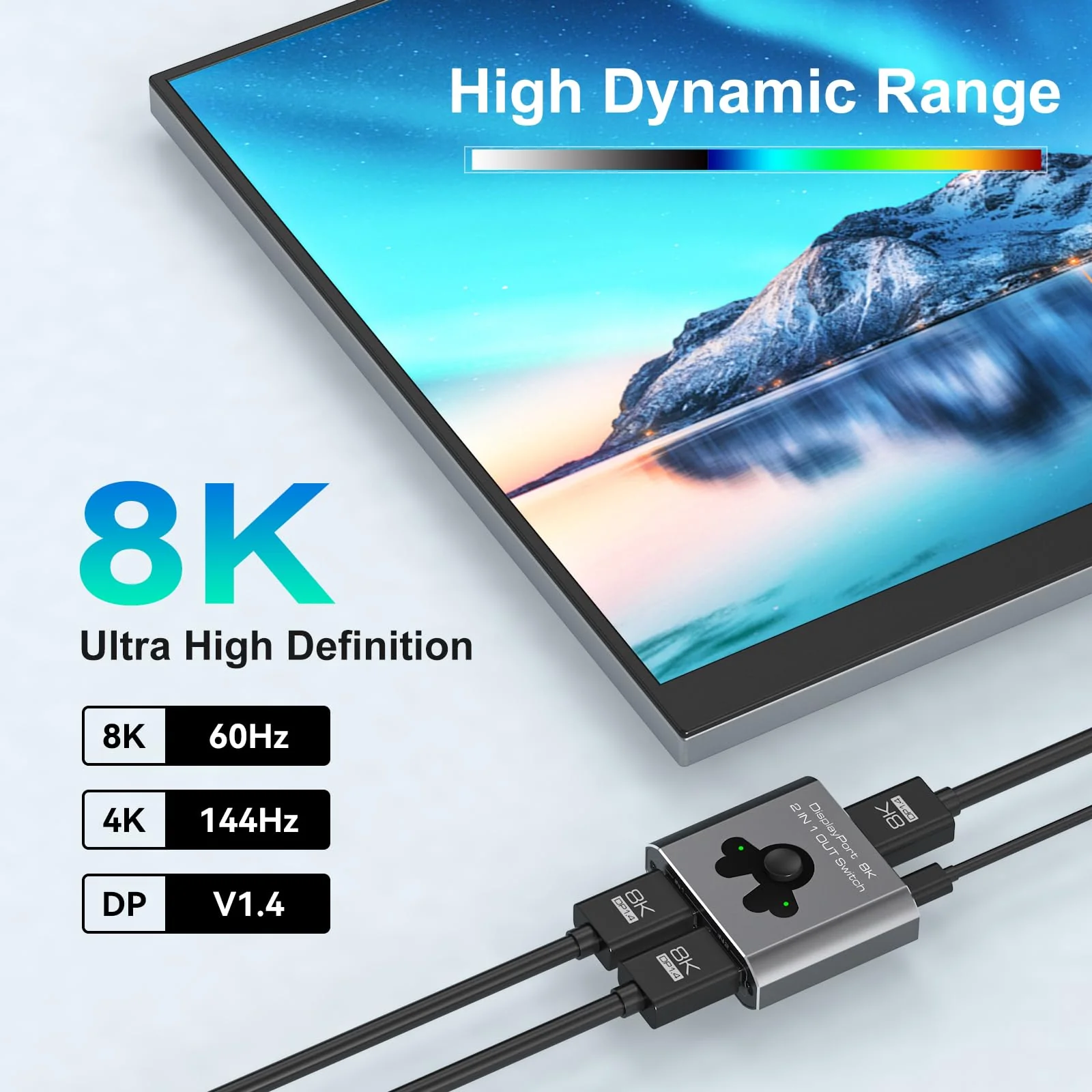 Displayport Switch 2 in 1 Out 8K60Hz 4K144Hz DP 1.4 Switcher Compatible with TVs Monitors Laptops PCs Projectors etc (Unidirectional) Unidirectional - Image 4