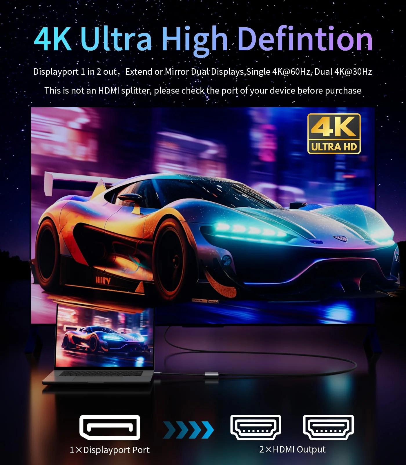 DisplayPort to Dual HDMI Adapter [4K@60Hz] DP to HDMI Splitter 1 in 2 Out Extended Display, DP 1.2 to 2 HDMI Female Converter for Dual Monitors Compatible with PC,Graphic Card and More - Image 2