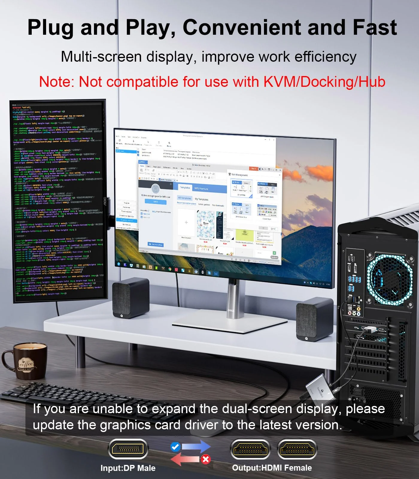 DisplayPort to Dual HDMI Adapter (4K@60Hz) DP to HDMI Splitter for Dual Monitors Extended Display MST Display Port to HDMI 1 in 2 Out Hub for PC, Graphics Card - Image 3