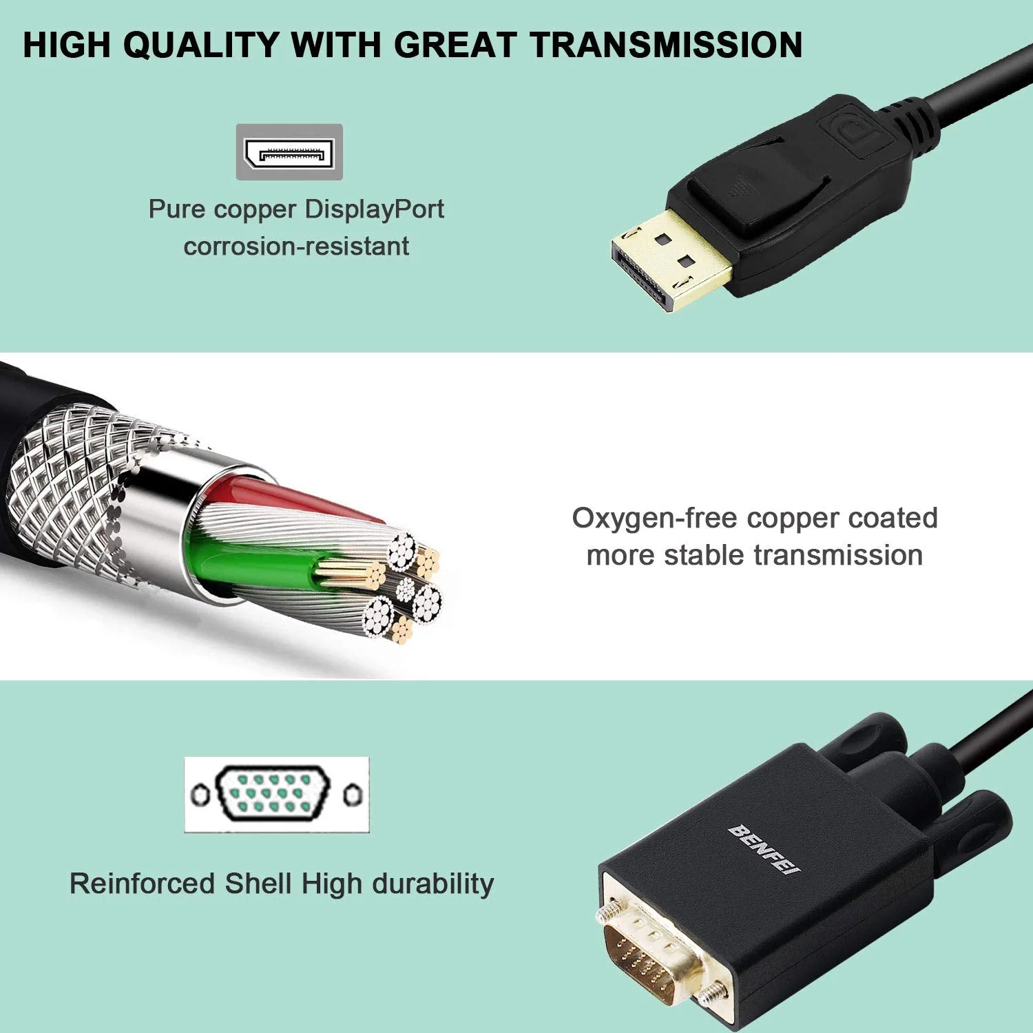 DisplayPort to VGA Adapter, Benfei DP DisplayPort to VGA 6 Feet Cable Male to Male Gold-Plated Cord Compatible for Lenovo, Dell, HP, ASUS and Other Brand 1 PACK - Image 4