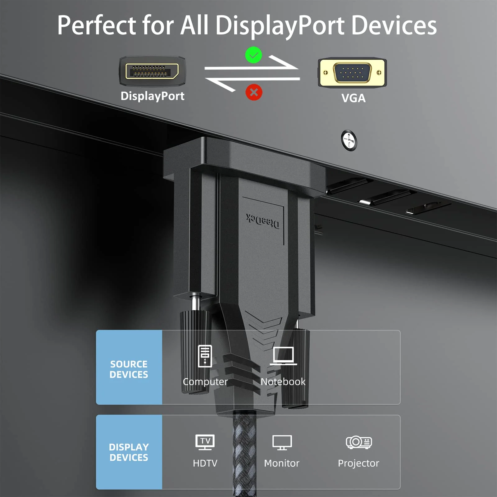 DisplayPort to VGA Cable 3Ft, DP Display Port to VGA Adapter Cable Converter Male to Male Braided Cord for Monitor Desktop Laptop Display Projector HDTV 3 Feet 1 Pack - Image 6