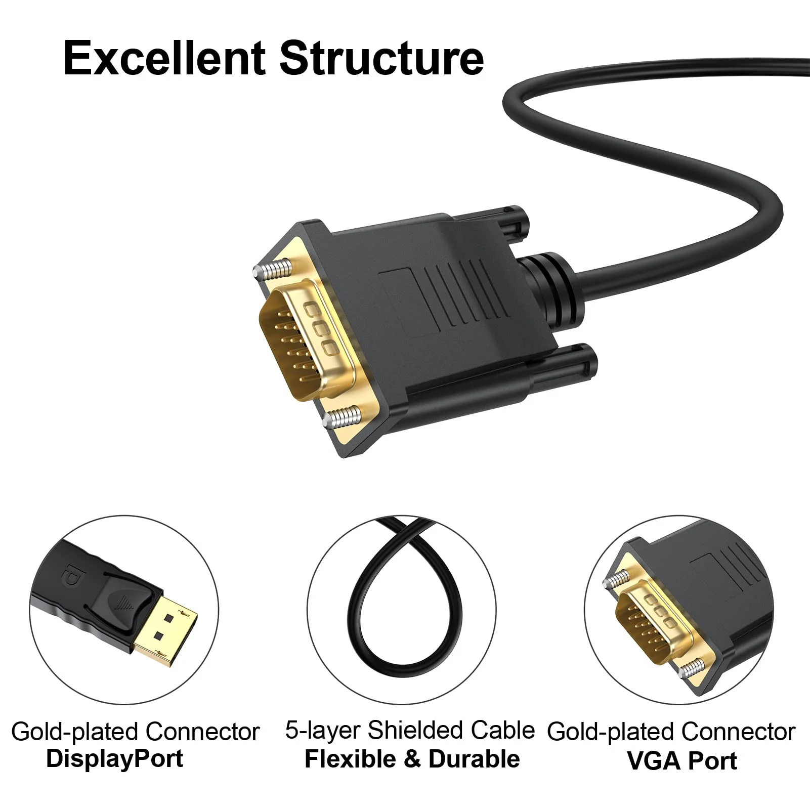 DisplayPort to VGA Cable 6 Ft, 2-Pack Display Port DP to VGA Adapter Cord Male to Male HD Video 1080P for Computer, Monitor, TV, Projector - Image 7