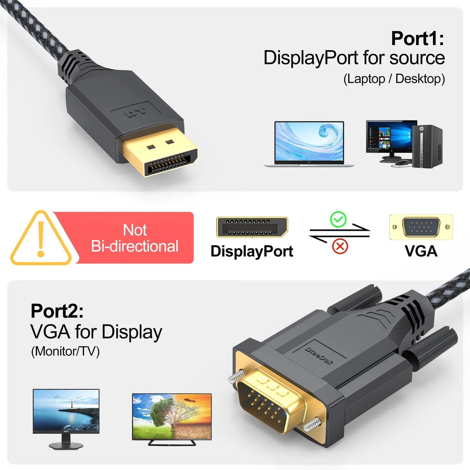 DisplayPort to VGA Cable 6ft, Display Port DP to VGA Adapter Cable Converter Male to Male Braided Cord for Monitor Desktop Laptop Display Projector HDTV 6 Feet 1 Pack - Image 3