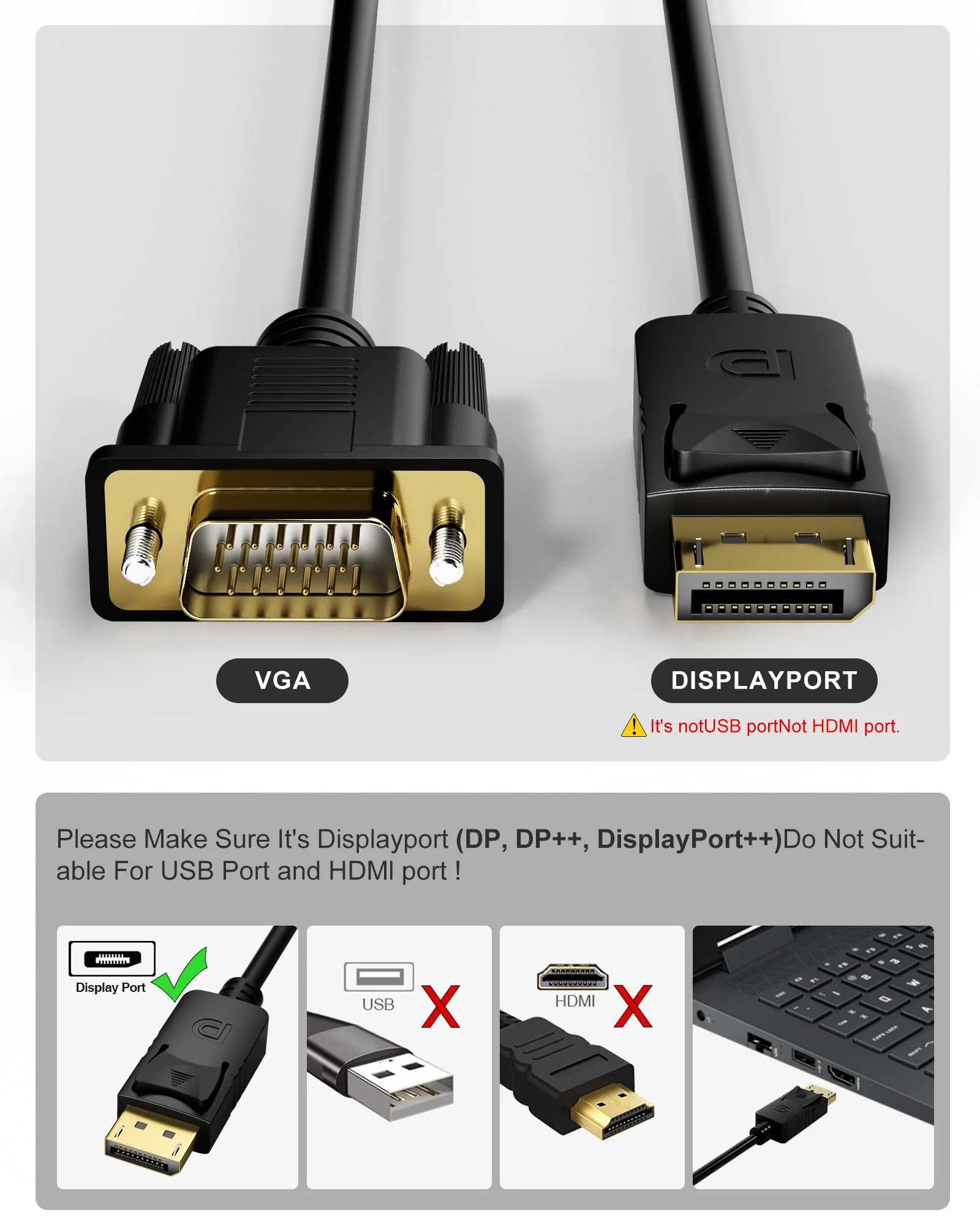DisplayPort to VGA, DisplayPort to VGA Adapter 3 Feet Display Port to VGA Connects DP Port from Desktop or Laptop to Monitor with VGA Port (Not Bidirectional,Not Compatible with HDMI or USB) 1 pack - Image 3