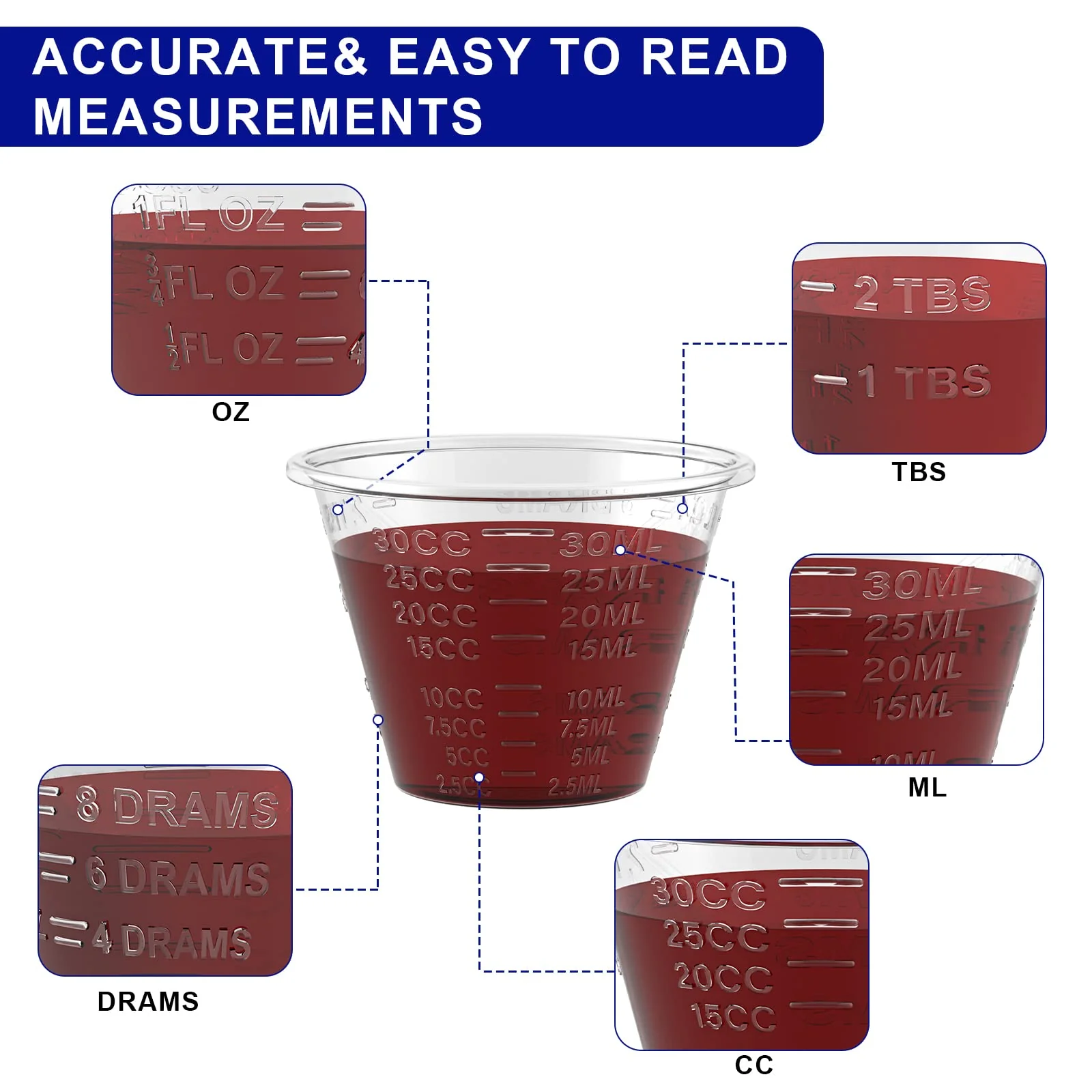 Disposable Medicine Cups Graduated, Bulk Pack of 100, 1 oz (30ml) Small Plastic Measuring Cup for Liquid Medication, Paint, epoxy, Pill and Resin. - Image 2