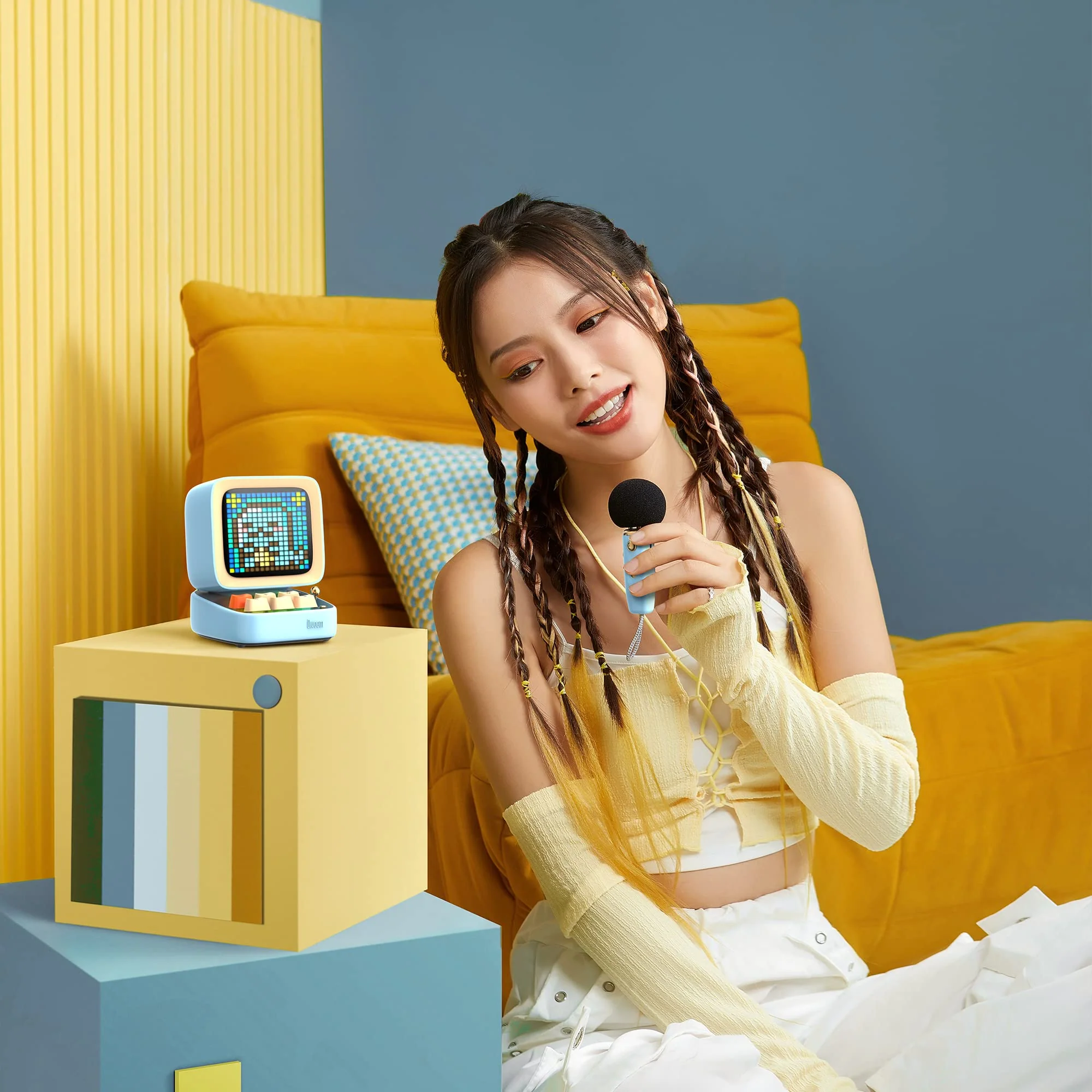 Divoom Ditoo-Mic Bluetooth Speaker with Karaoke Microphone - RGB Keyboard and Pixel Display Desktop Decor, Different Sound Modes, Ideal Gifts for Home Party, Mobile KTV (Blue) Blue - Image 6