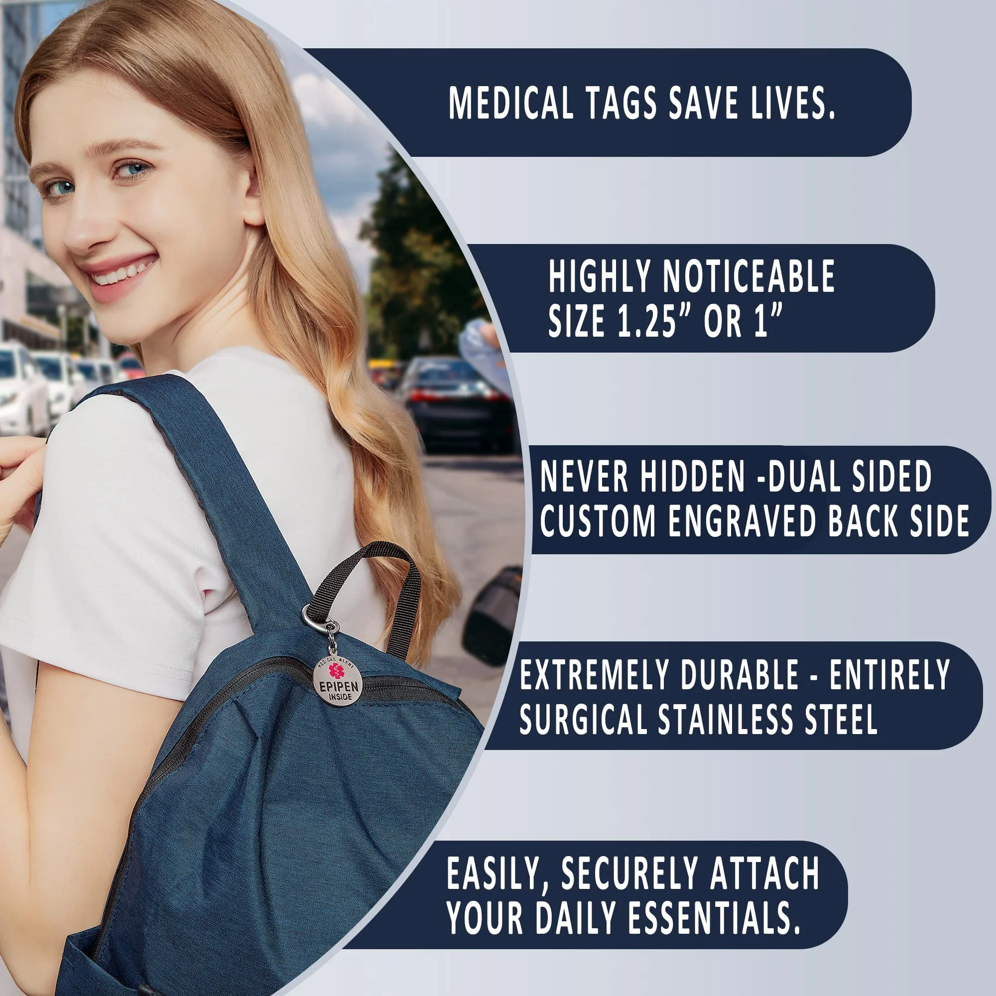 Divoti EpiPen Inside Bag Tag 1.25" with Quick Clip | Pre-Engraved, Dual-Sided & Bold Lettering - Stainless Steel & Heavy-Duty Construction - Medical Alert ID Tag for Emergency 1 Unit: Stainless Steel / Dual-sided 1.25" Quick Clip - Image 2