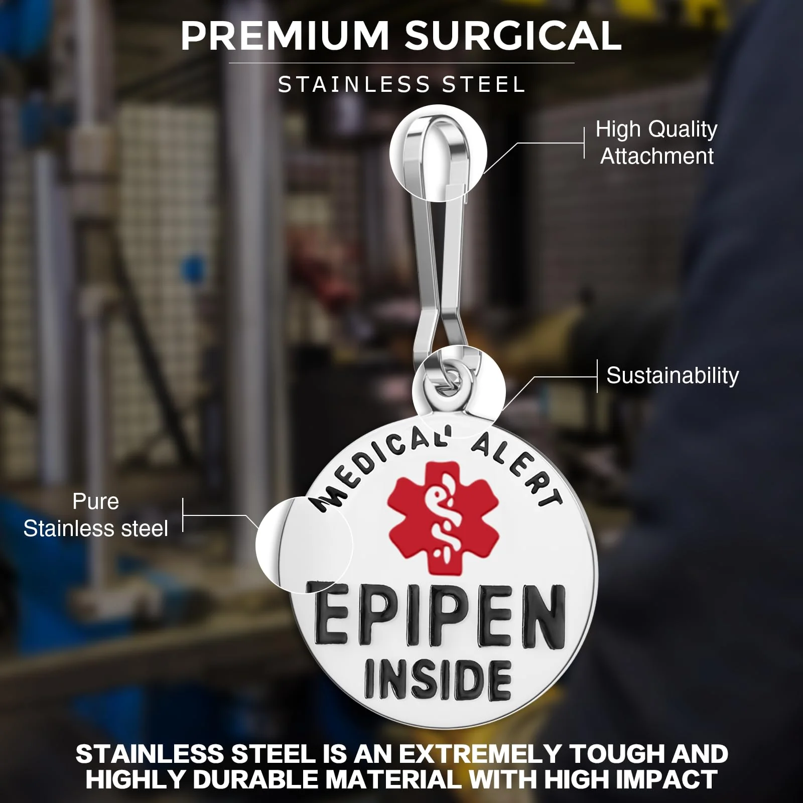 Divoti EpiPen Inside Bag Tag 1.25" with Quick Clip | Pre-Engraved, Dual-Sided & Bold Lettering - Stainless Steel & Heavy-Duty Construction - Medical Alert ID Tag for Emergency 1 Unit: Stainless Steel / Dual-sided 1.25" Quick Clip - Image 5