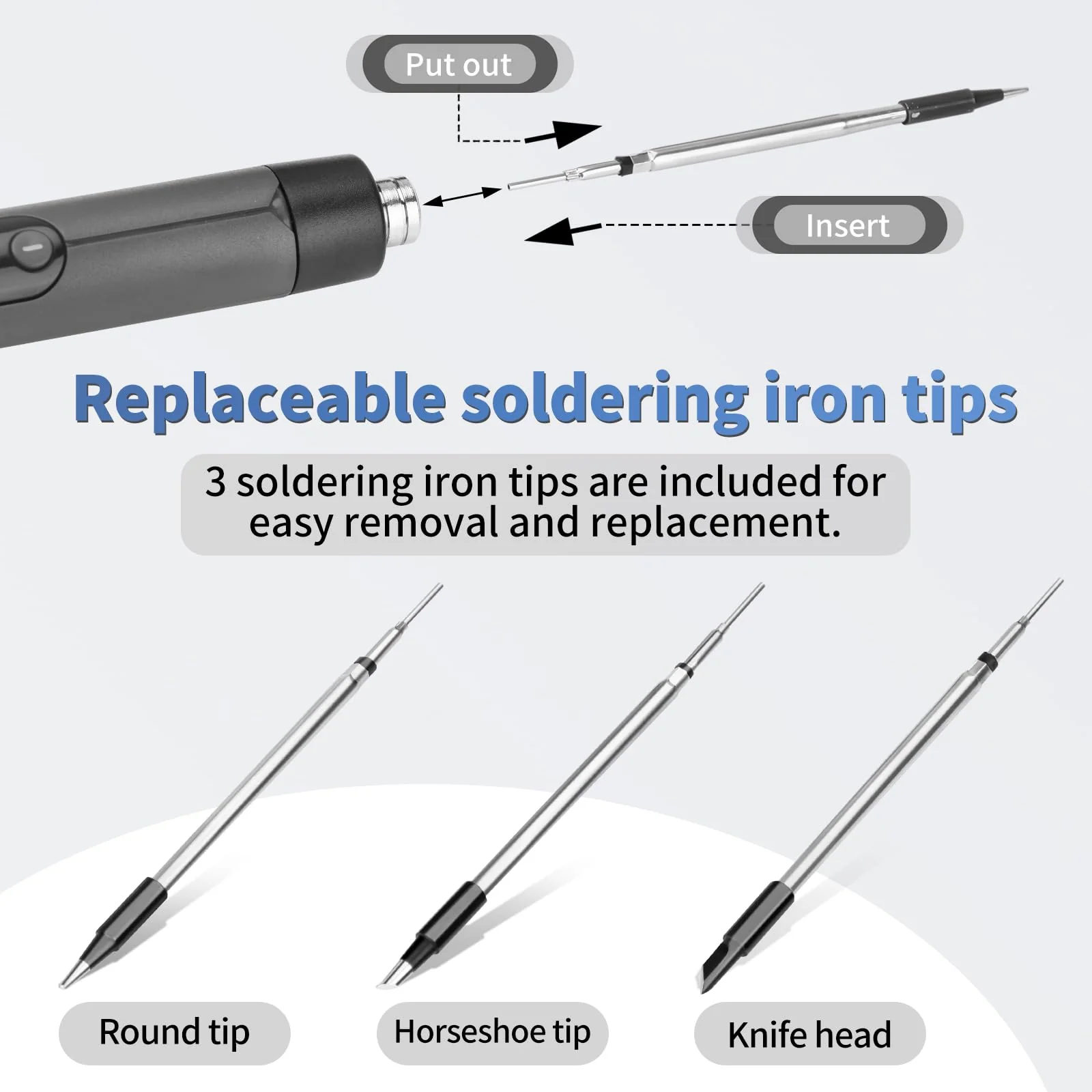 diymore Battery Soldering Iron Set, USB Wireless Soldering Iron Set, 5 Gears Temperature Adjustable 260 ℃-420 °C, 3 Soldering Tips, Soldering Wire, Soldering Paste, Soldering Iron Battery for Repair - Image 4