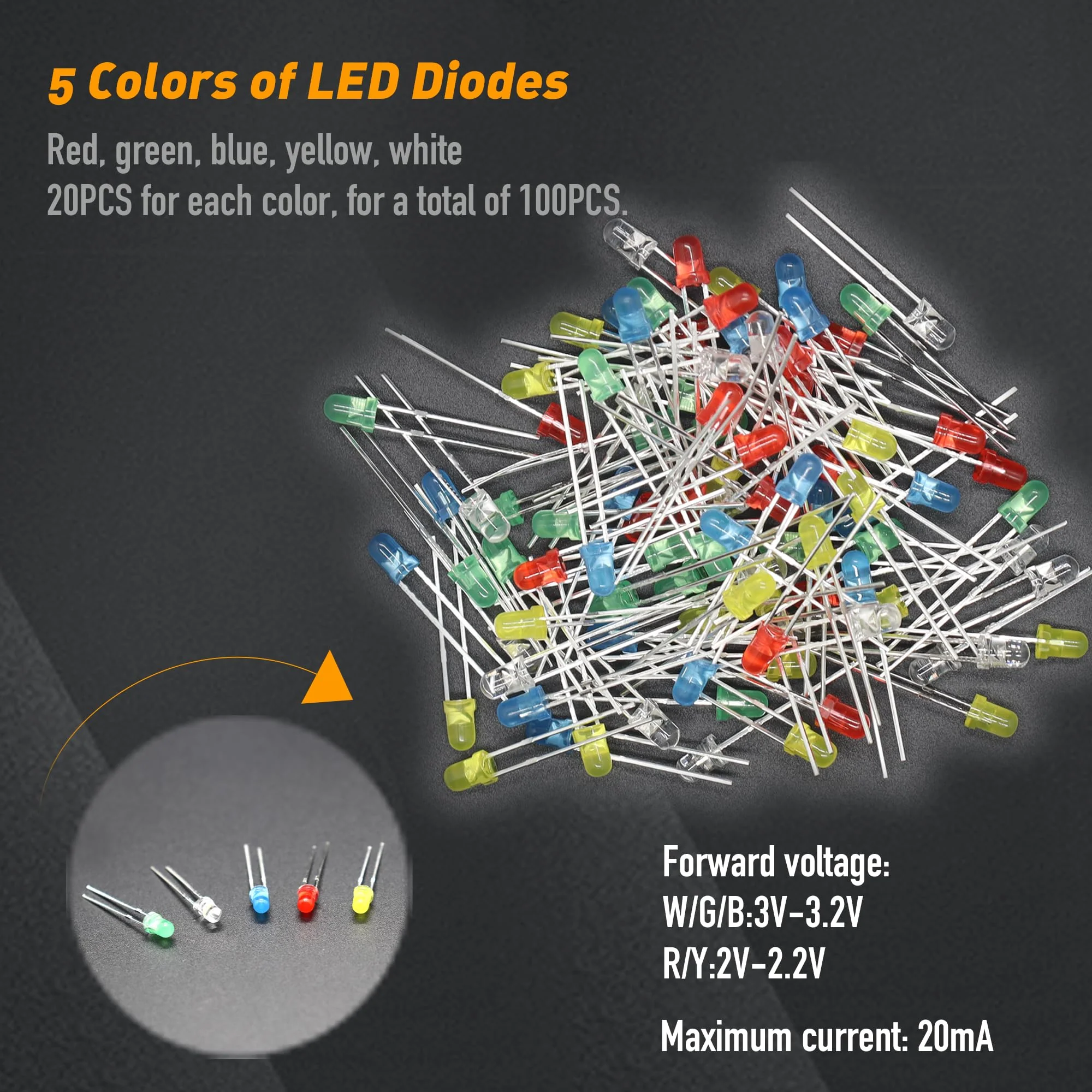 DIYoung 1390 Pieces Electronic Components Kit, with LED Diodes, Metal Film Resistors, Electrolytic Capacitors Package, Ceramic Capacitors, Transistors, Diodes - Image 2