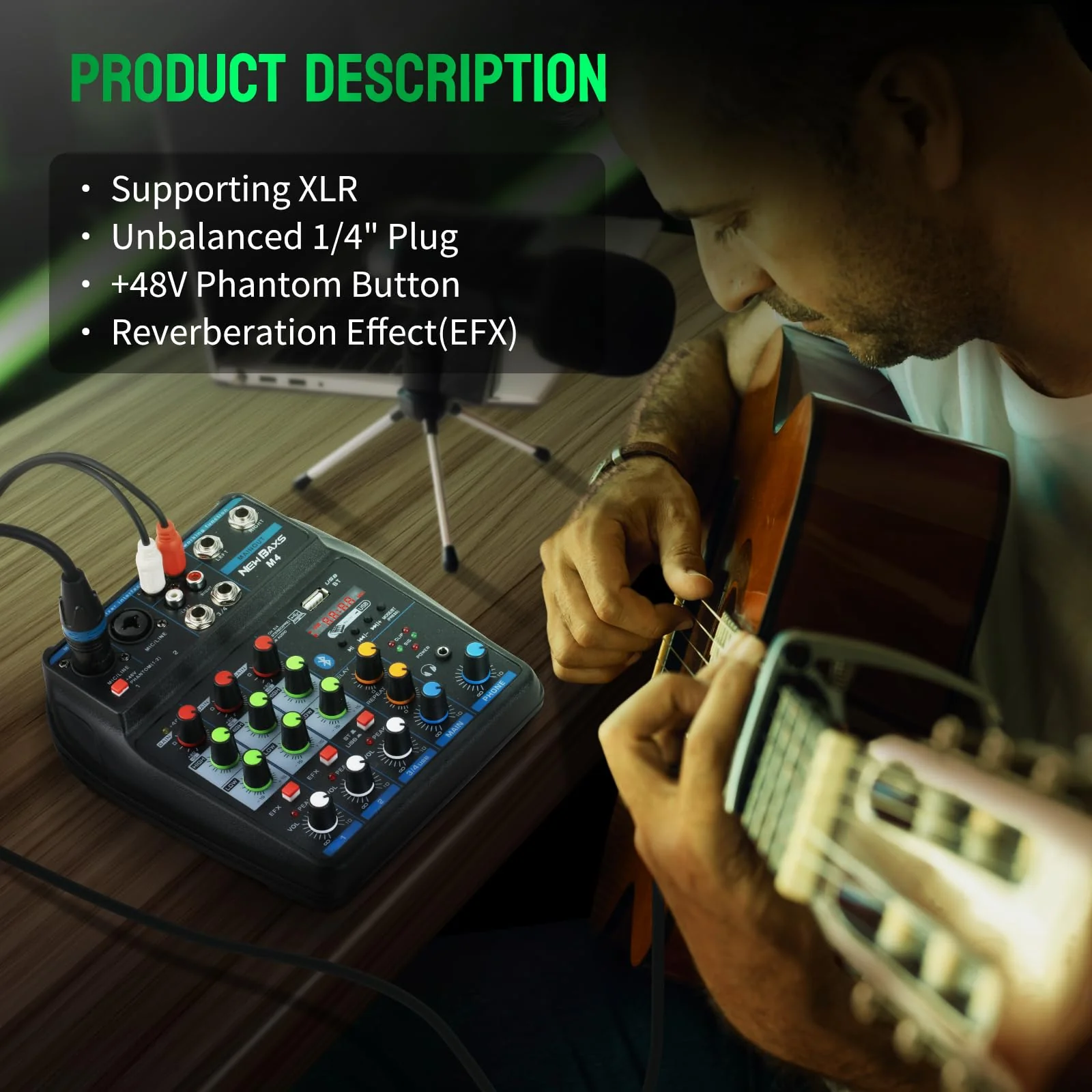 DJ Audio Mixer, DJ Mixers 4 Channel Sound Board with Bluetooth, NEW BAXS Sound Mixer Board XRL/1/4" Interface, USB/MP3 Computer Input 48V Phantom Power Stereo DJ Studio Streaming KTV Stage - Image 2