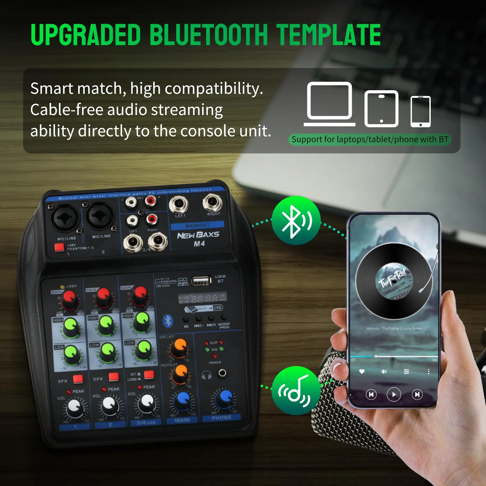 DJ Audio Mixer, DJ Mixers 4 Channel Sound Board with Bluetooth, NEW BAXS Sound Mixer Board XRL/1/4" Interface, USB/MP3 Computer Input 48V Phantom Power Stereo DJ Studio Streaming KTV Stage - Image 3
