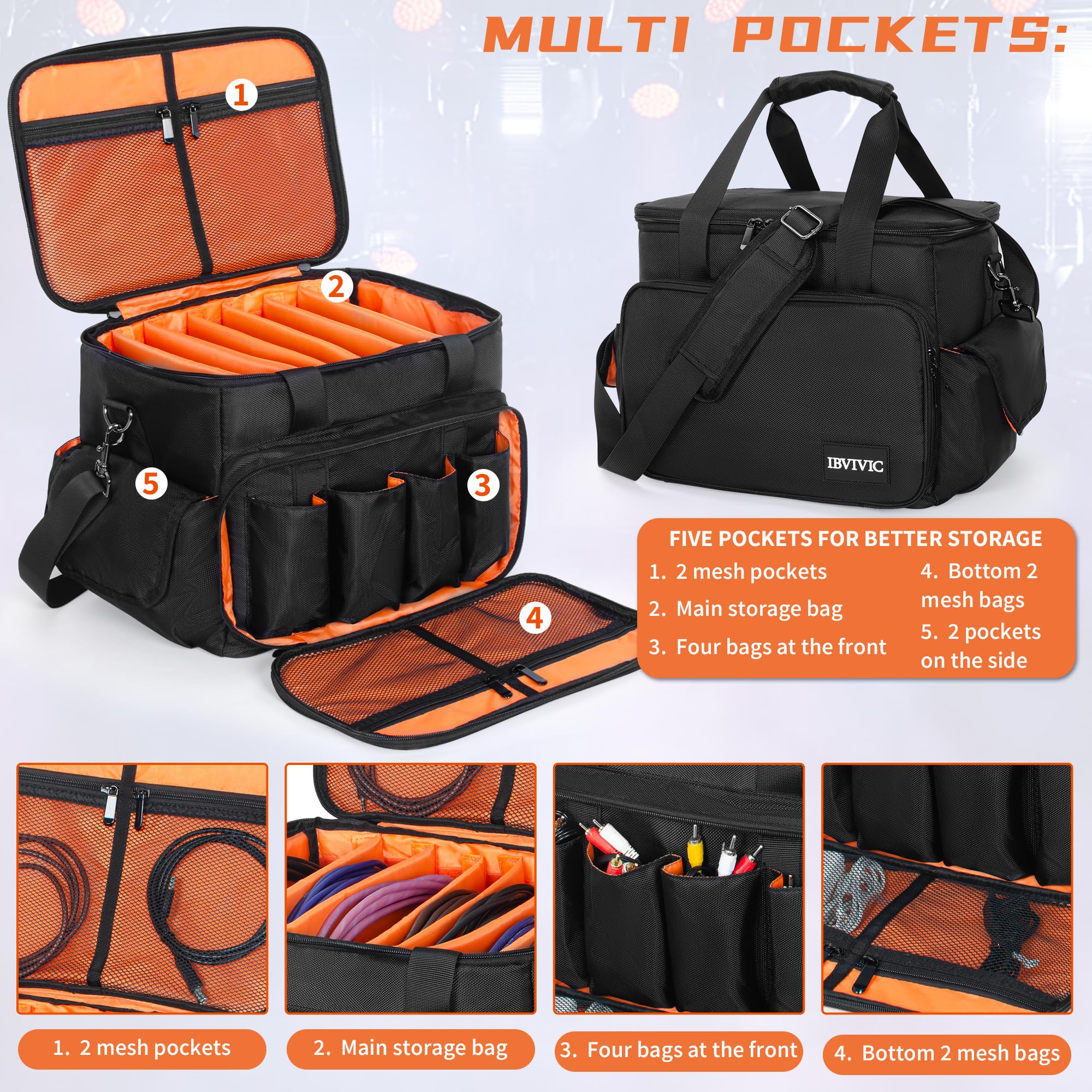 DJ Cable File Bag with 6 Detachable Dividers Gig Cable Bag for Cords,DJ Gear,Sound Instrument and Accessories 12"x8"x8" Black Orange 12Lx 8Wx 8H inch - Image 2