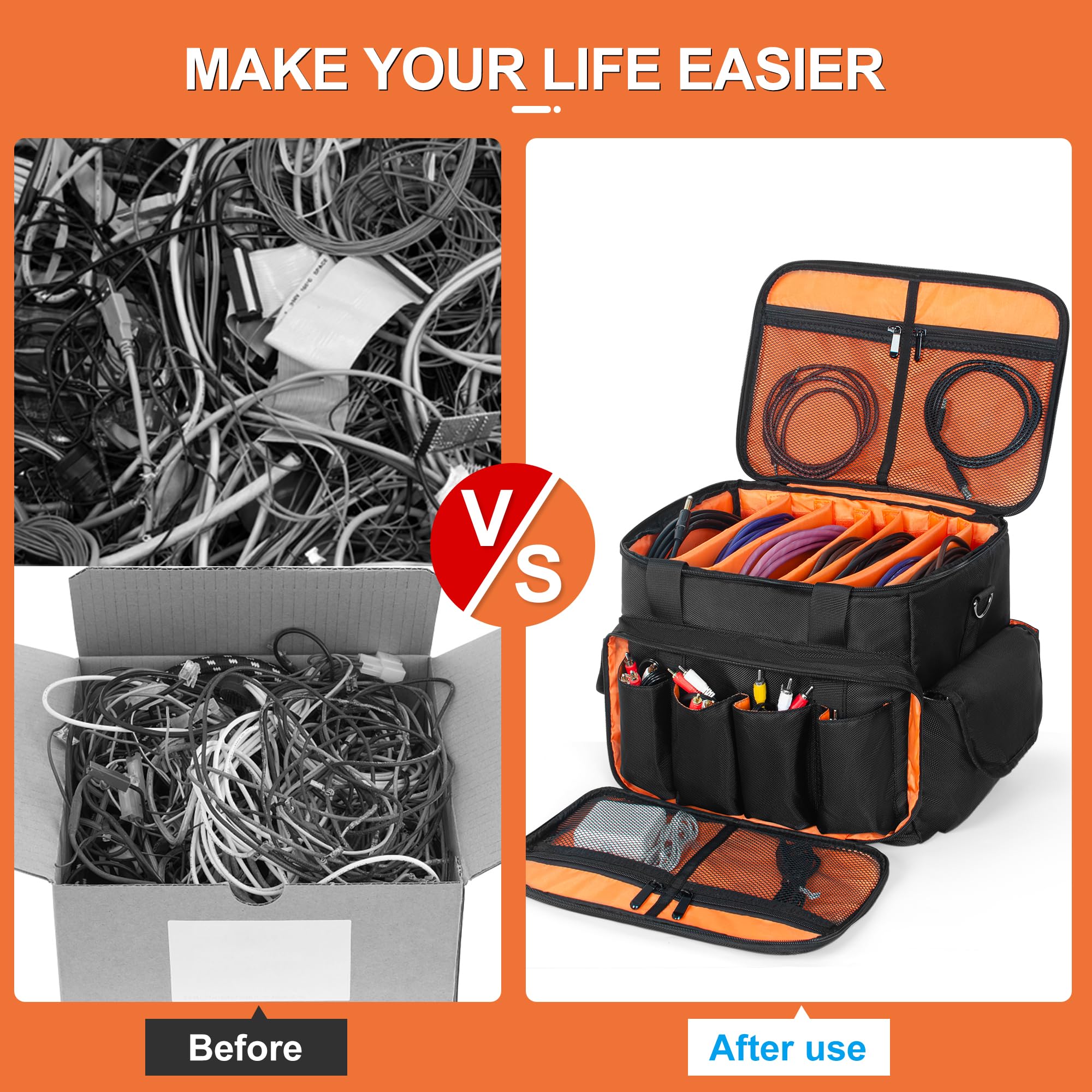 DJ Cable File Bag with 6 Detachable Dividers Gig Cable Bag for Cords,DJ Gear,Sound Instrument and Accessories 12"x8"x8" Black Orange 12Lx 8Wx 8H inch - Image 4