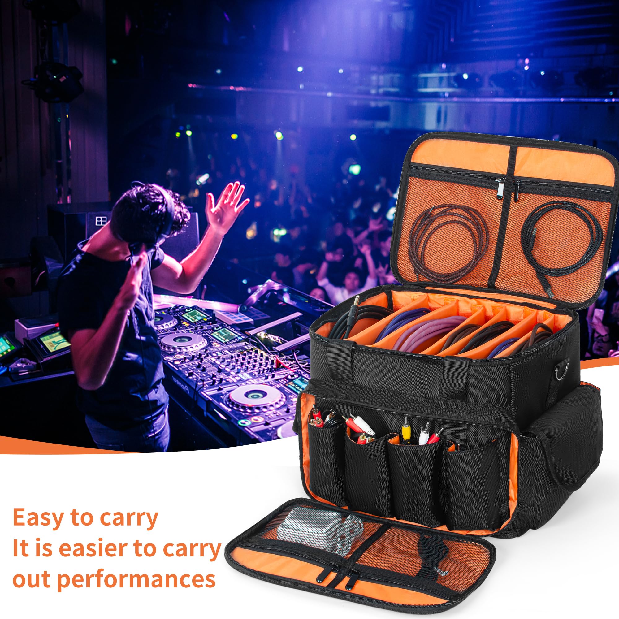 DJ Cable File Bag with 6 Detachable Dividers Gig Cable Bag for Cords,DJ Gear,Sound Instrument and Accessories 12"x8"x8" Black Orange 12Lx 8Wx 8H inch - Image 7