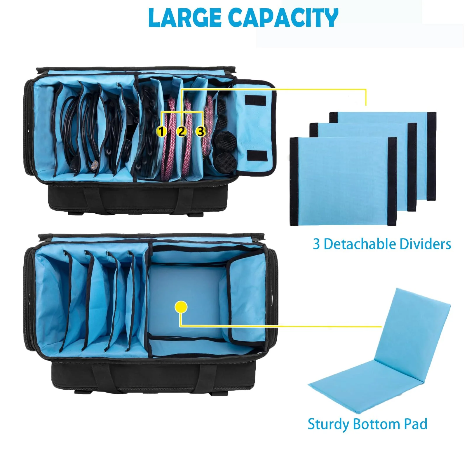 DJ Equipment Cable Bag - Gig Bag with Detachable Padded Bottom and 8 Dividers - Case for Musical Accessories, Cords, Gear, Sound Equipment - Image 3