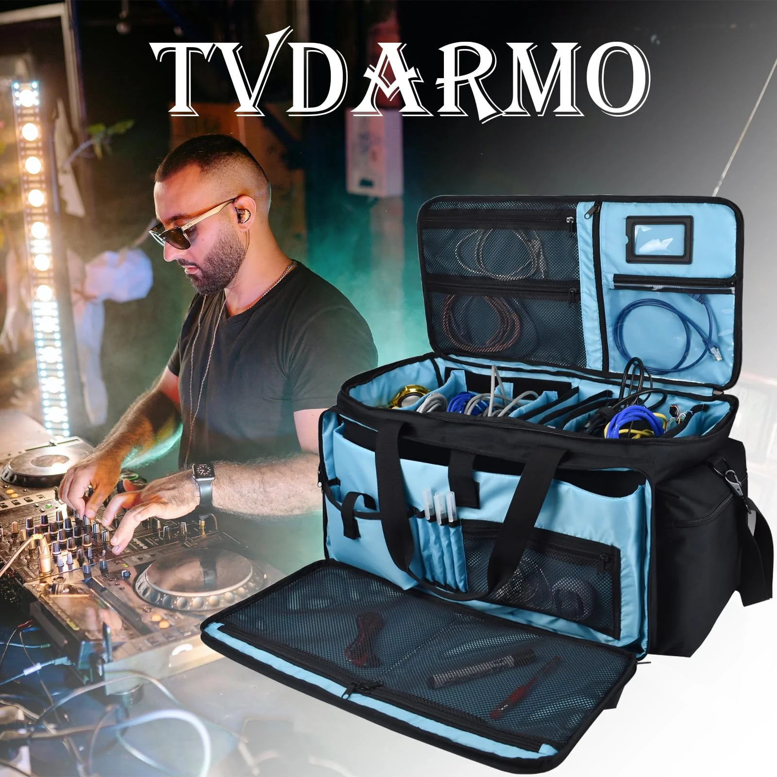 DJ Equipment Cable Bag - Gig Bag with Detachable Padded Bottom and 8 Dividers - Case for Musical Accessories, Cords, Gear, Sound Equipment - Image 8
