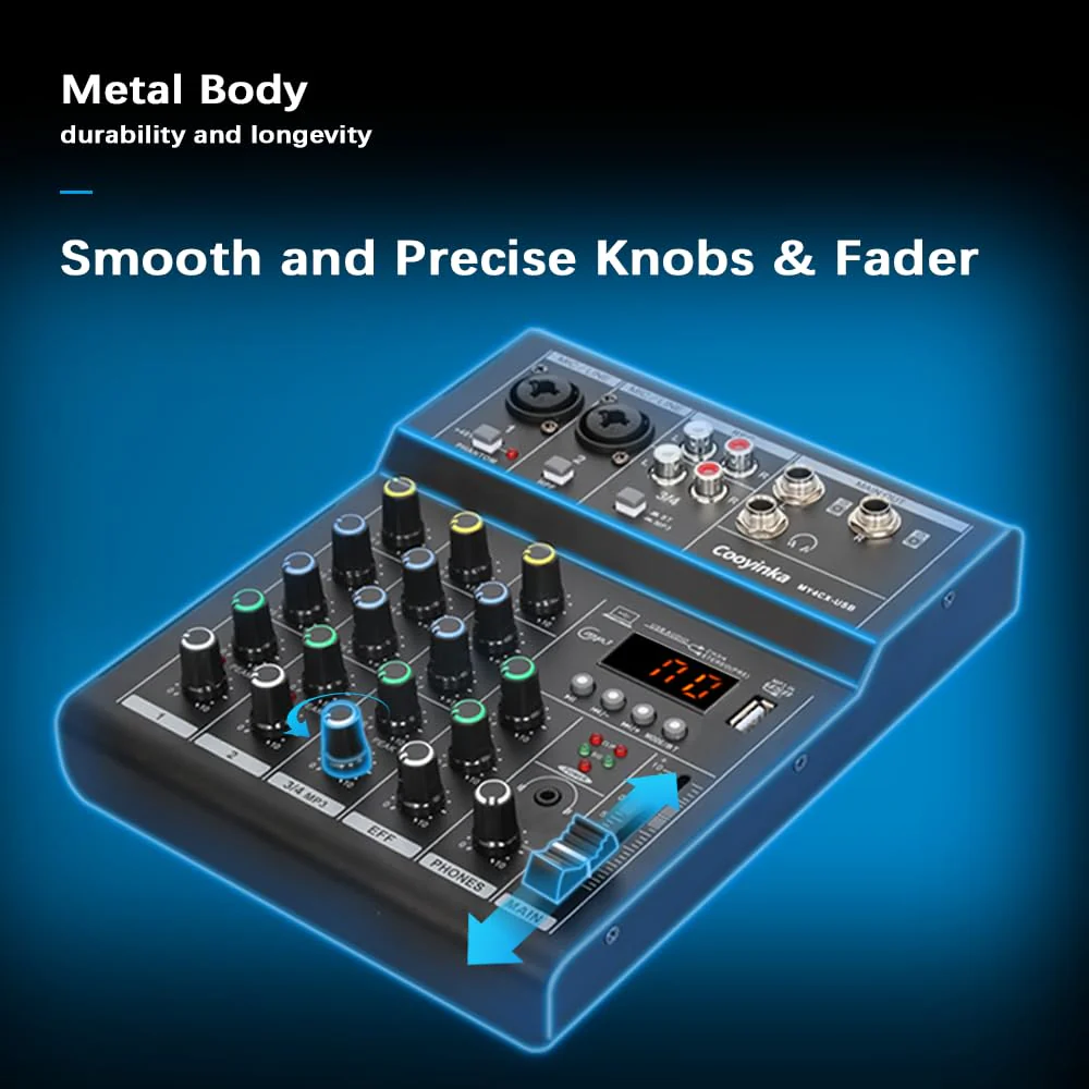 Dj Mixer, Audio Mixer for PC 4 Channel Bluetooth Sound Board with USB Interface, Cooyinka Mixer Audio Built-in 48V Phantom Power Sound Card for Live Streaming, Podcasting/Black - Image 2