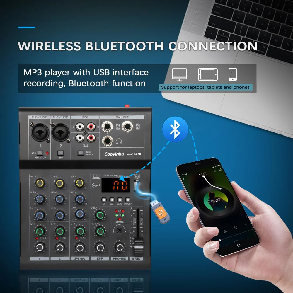 Dj Mixer, Audio Mixer for PC 4 Channel Bluetooth Sound Board with USB Interface, Cooyinka Mixer Audio Built-in 48V Phantom Power Sound Card for Live Streaming, Podcasting/Black - Image 3