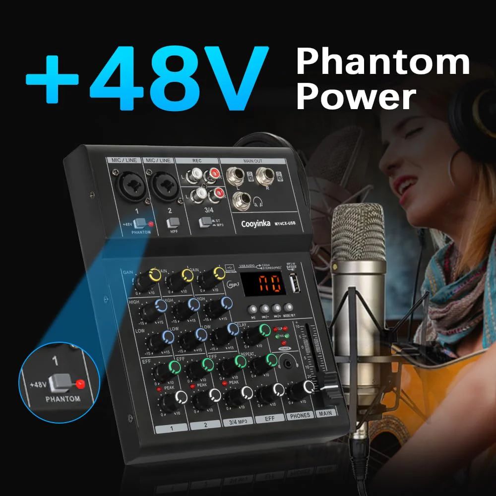 Dj Mixer, Audio Mixer for PC 4 Channel Bluetooth Sound Board with USB Interface, Cooyinka Mixer Audio Built-in 48V Phantom Power Sound Card for Live Streaming, Podcasting/Black - Image 4