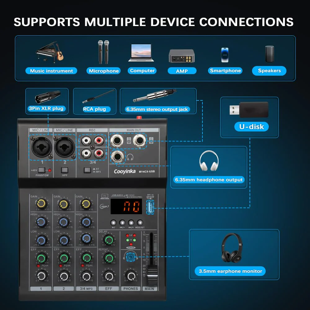 Dj Mixer, Audio Mixer for PC 4 Channel Bluetooth Sound Board with USB Interface, Cooyinka Mixer Audio Built-in 48V Phantom Power Sound Card for Live Streaming, Podcasting/Black - Image 5