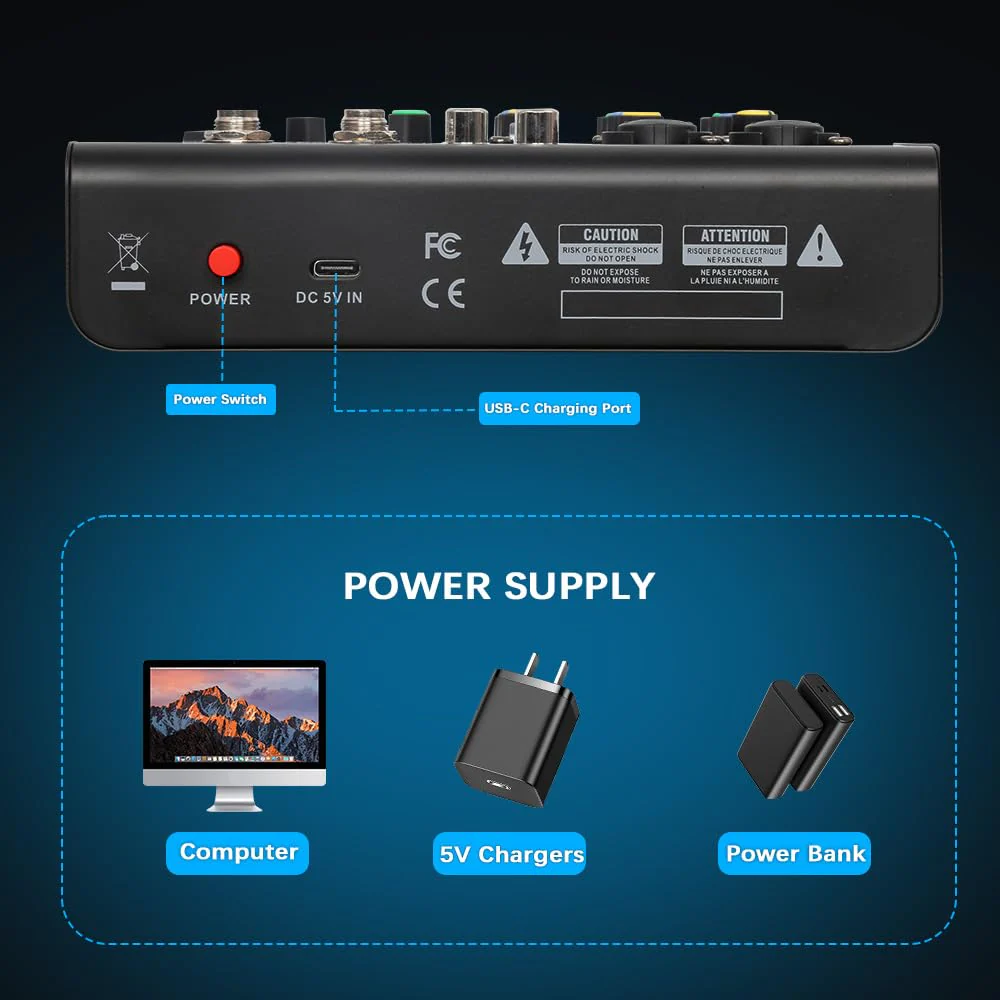 Dj Mixer, Audio Mixer for PC 4 Channel Bluetooth Sound Board with USB Interface, Cooyinka Mixer Audio Built-in 48V Phantom Power Sound Card for Live Streaming, Podcasting/Black - Image 6