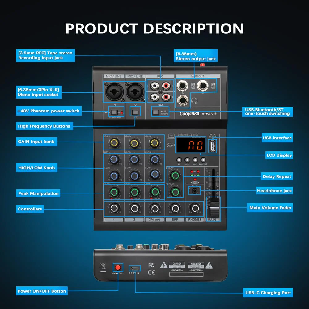 Dj Mixer, Audio Mixer for PC 4 Channel Bluetooth Sound Board with USB Interface, Cooyinka Mixer Audio Built-in 48V Phantom Power Sound Card for Live Streaming, Podcasting/Black - Image 7