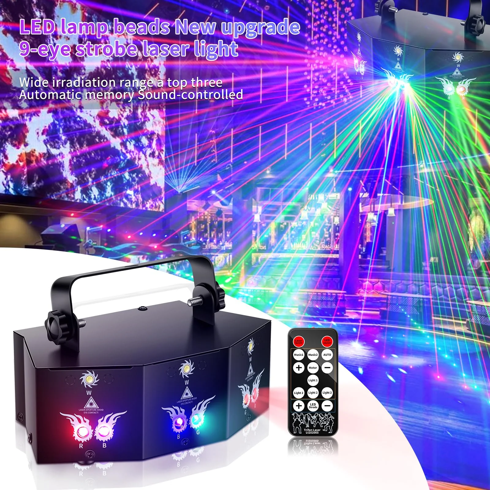 Dj Party Lights,9 Lens Strobe Laser Rave Light Show with DMX & Sound Activated with Remote Control Party Light Dj Disco Lights Indoor for Dance Birthday Wedding Stage Lighting - Image 2