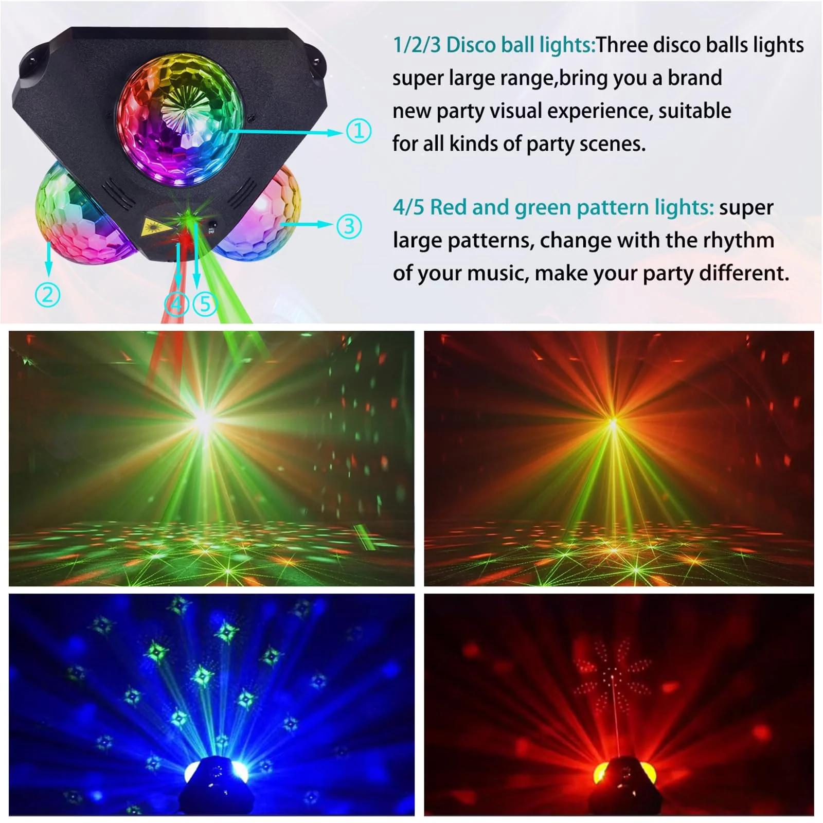 DJ Party Lights Disco Ball Light,Sound Activated Disco Lights+Red and Green Pattern Lamp Strobe Lighting for Home Club Karaoke Christmas Halloween Birthday Wedding Dancing - Image 4