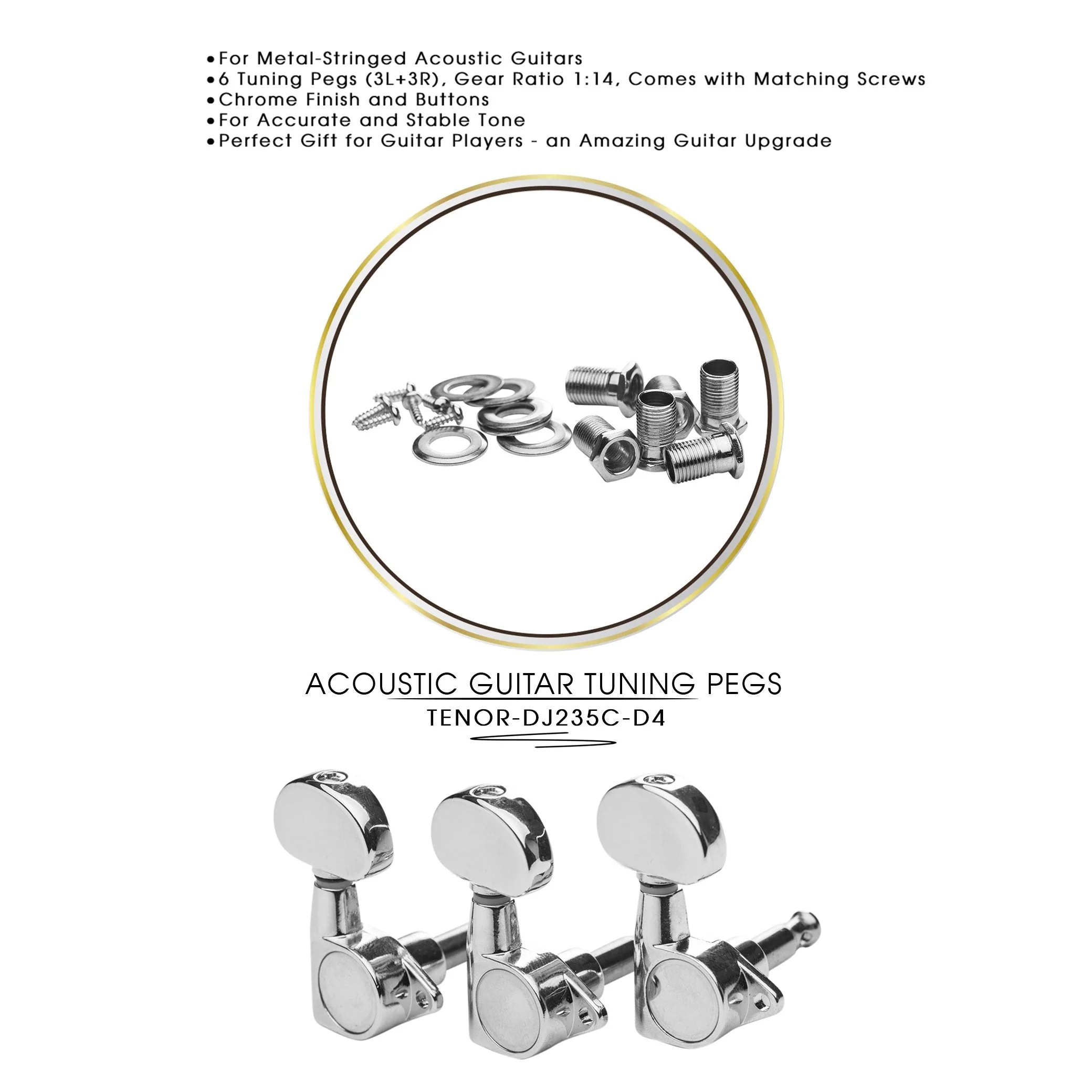 DJ235C-D4 TENOR Acoustic Guitar Tuners, Tuning Key Pegs/Machine Heads for Acoustic Guitar with Chrome Plated Finish and Chrome Plated Buttons. TENOR 235 TENOR-DJ235C-D4 - Image 2