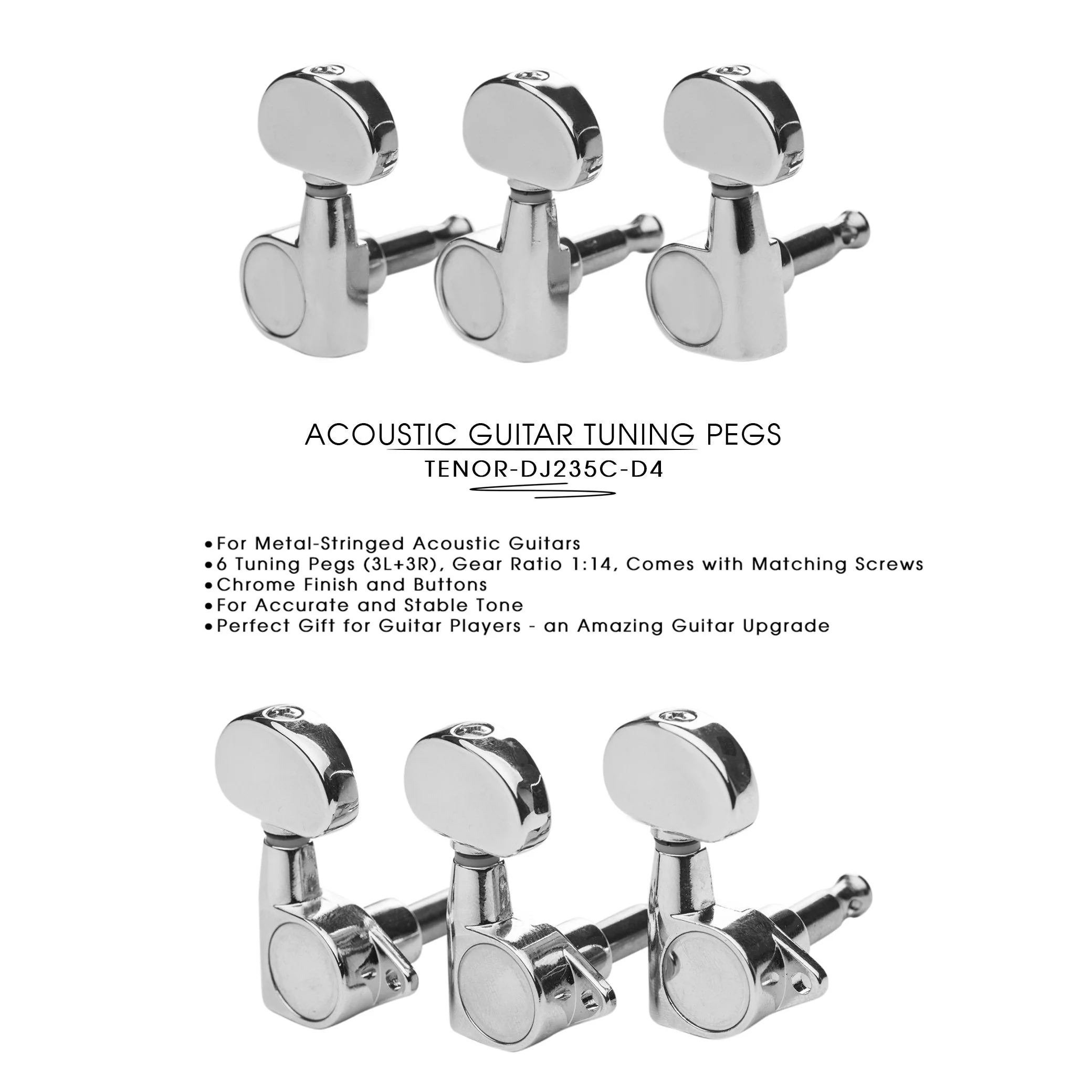 DJ235C-D4 TENOR Acoustic Guitar Tuners, Tuning Key Pegs/Machine Heads for Acoustic Guitar with Chrome Plated Finish and Chrome Plated Buttons. TENOR 235 TENOR-DJ235C-D4 - Image 3