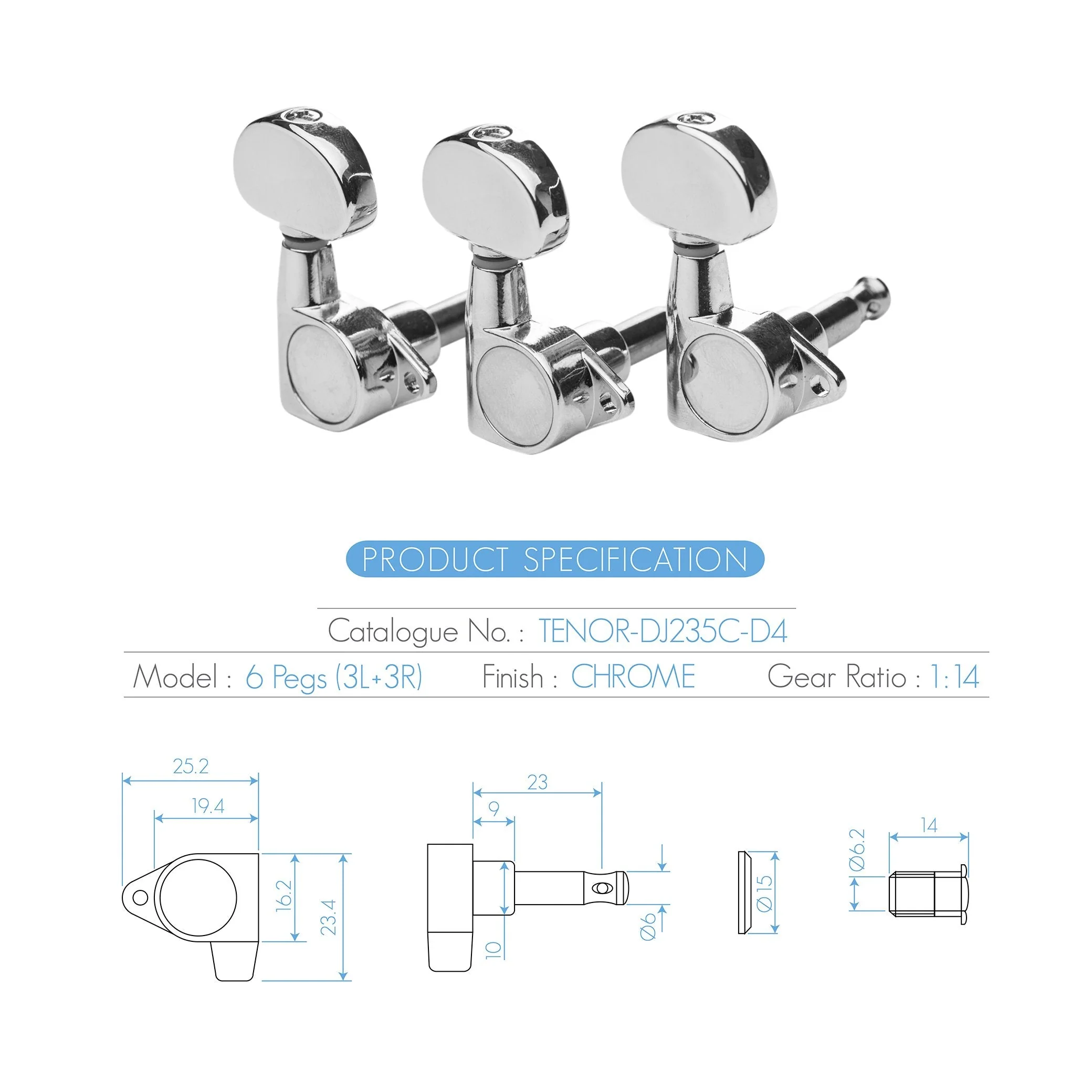 DJ235C-D4 TENOR Acoustic Guitar Tuners, Tuning Key Pegs/Machine Heads for Acoustic Guitar with Chrome Plated Finish and Chrome Plated Buttons. TENOR 235 TENOR-DJ235C-D4 - Image 5