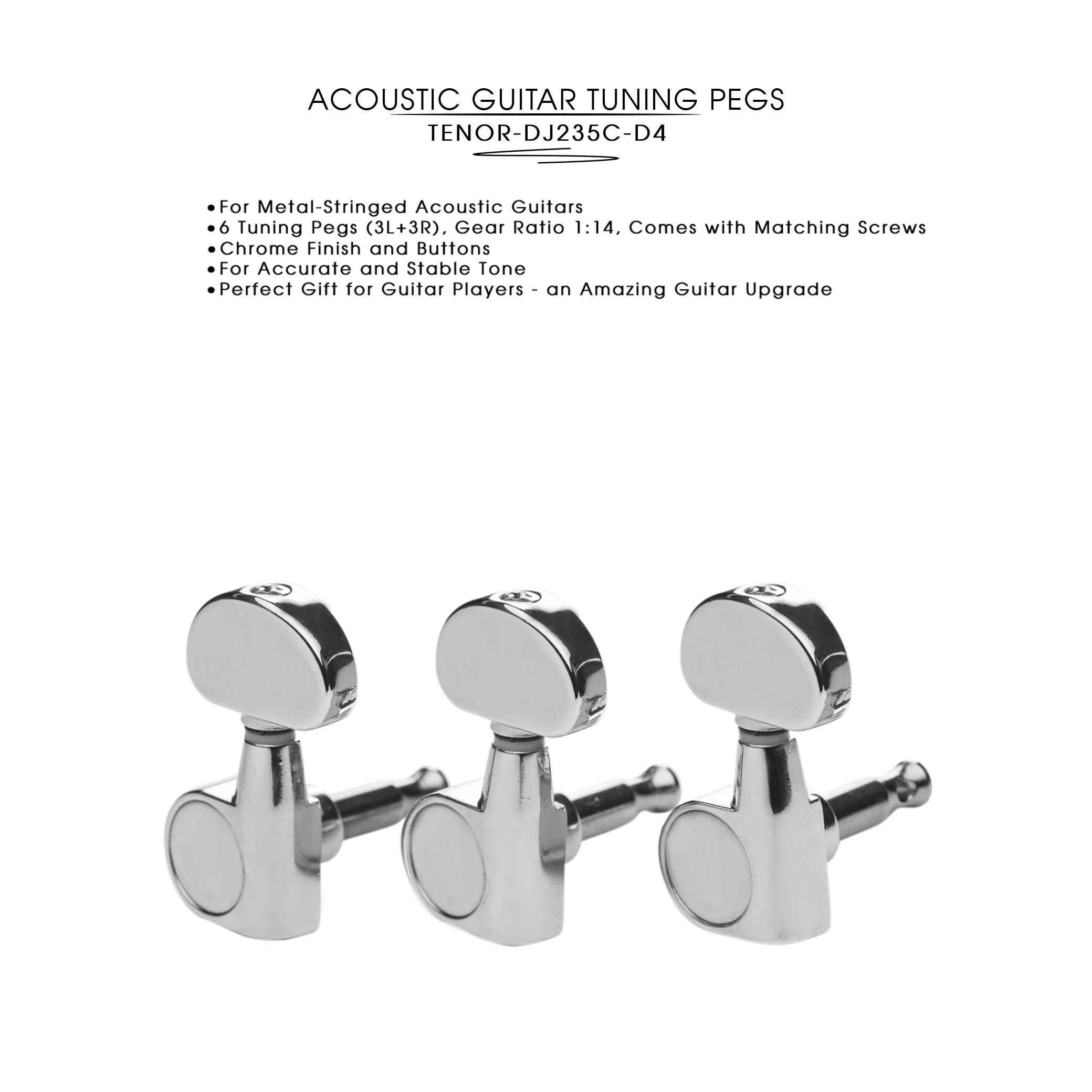 DJ235C-D4 TENOR Acoustic Guitar Tuners, Tuning Key Pegs/Machine Heads for Acoustic Guitar with Chrome Plated Finish and Chrome Plated Buttons. TENOR 235 TENOR-DJ235C-D4 - Image 6