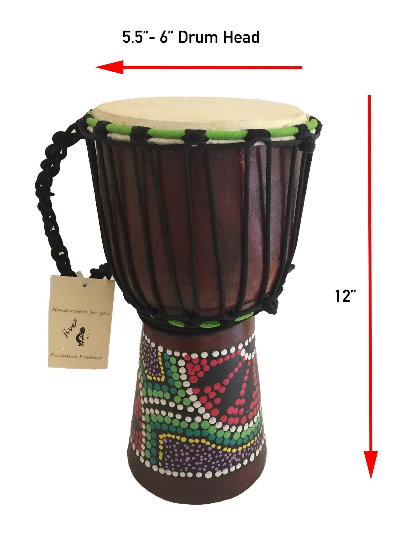 Djembe Drum Bongo Congo African Wood Drum - MED SIZE- 12" High, JIVE BRAND, Professional Quality With Heavy Base/Includes Key Chain 12" High Painted - Image 3