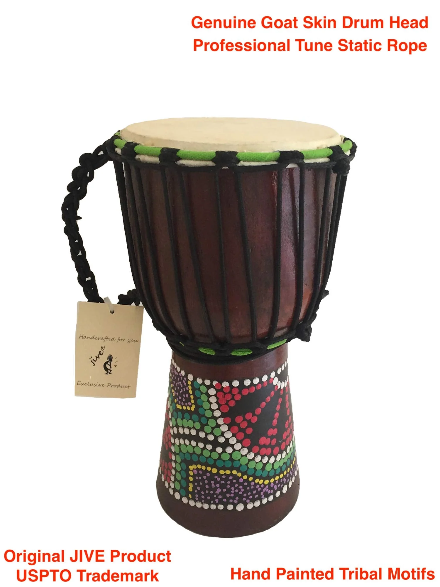 Djembe Drum Bongo Congo African Wood Drum - MED SIZE- 12" High, JIVE BRAND, Professional Quality With Heavy Base/Includes Key Chain 12" High Painted - Image 4