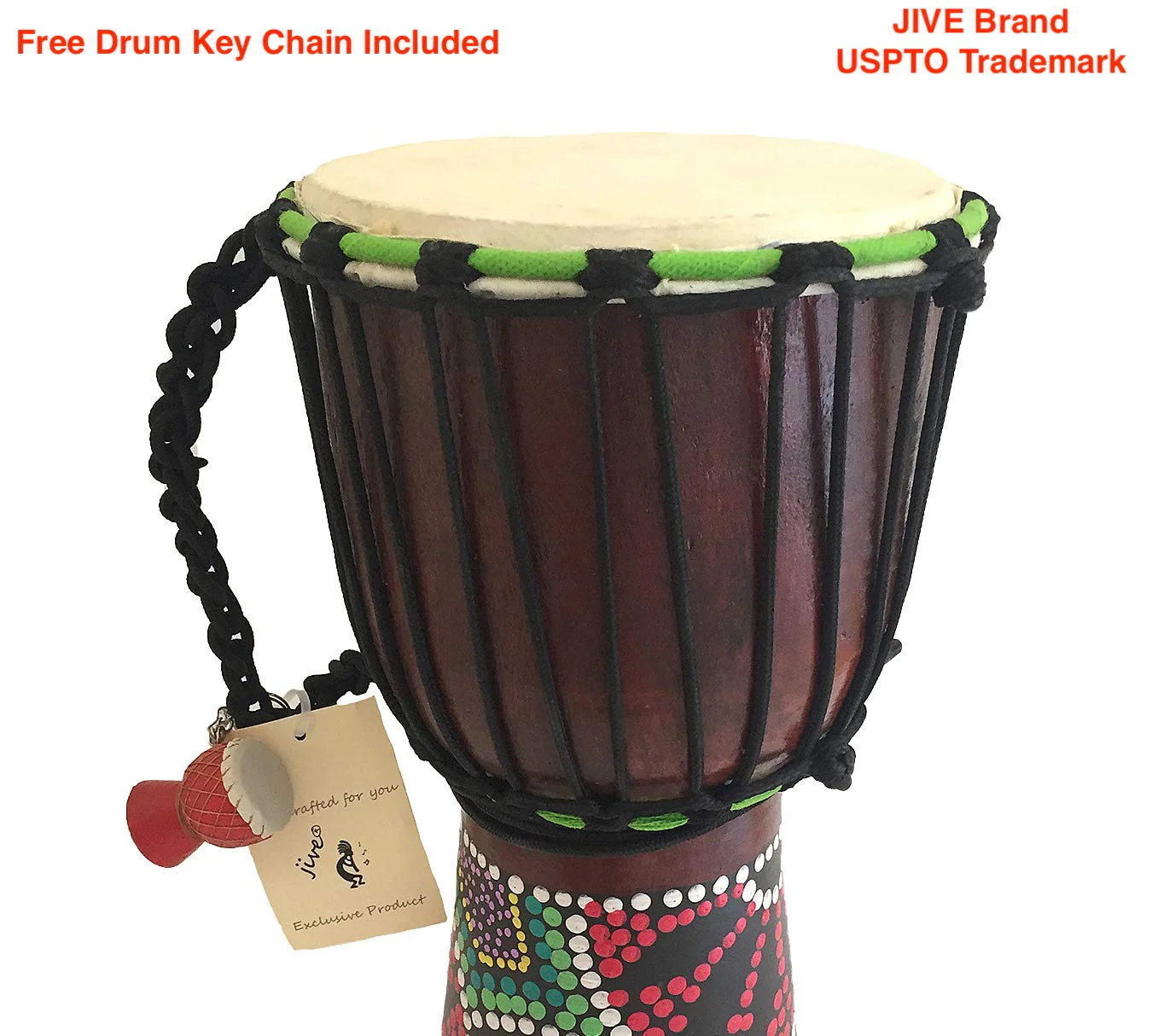 Djembe Drum Bongo Congo African Wood Drum - MED SIZE- 12" High, JIVE BRAND, Professional Quality With Heavy Base/Includes Key Chain 12" High Painted - Image 5