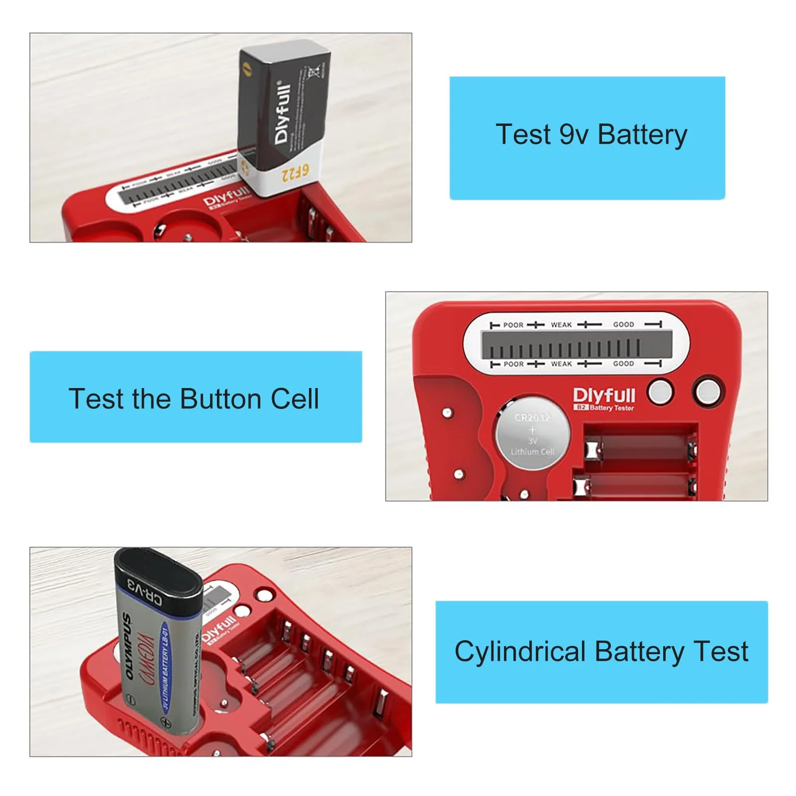 Dlyfull Battery Tester, LCD Display Universal Battery Checker for AA AAA C D 9V CR2032 CR123A CR2 CRV3 2CR5 CRP2 1.5V/3V Button Cell Batteries, 1x AAA Batteries Included - Image 4