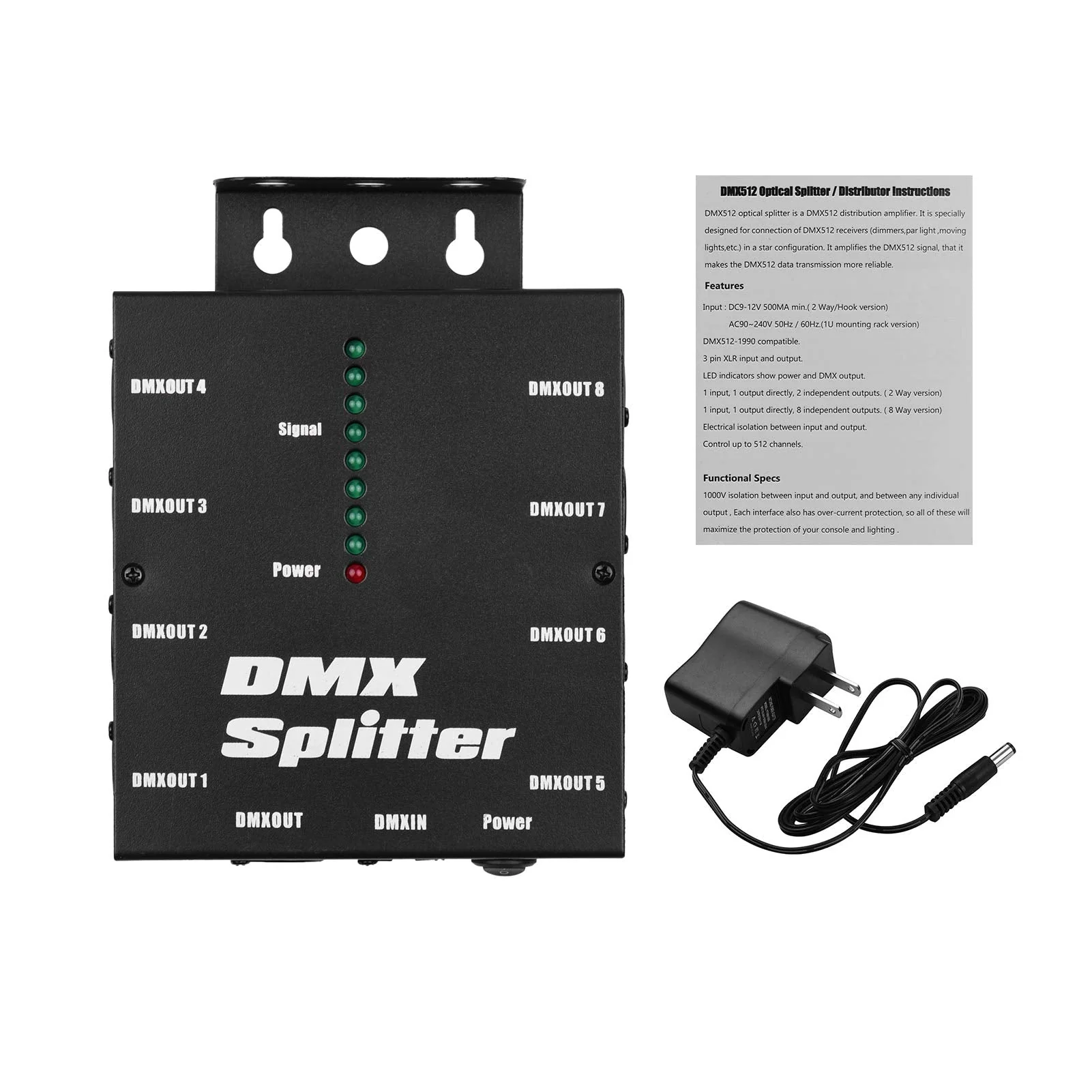 DMX512 Optical Signal Amplifier Spliter Distributor 1 Direct Input & Output 8 Independent Outputs for Light Controller Stage Console Party DJ Club Disco KTV Light with Power Adapter,Signal Split - Image 9