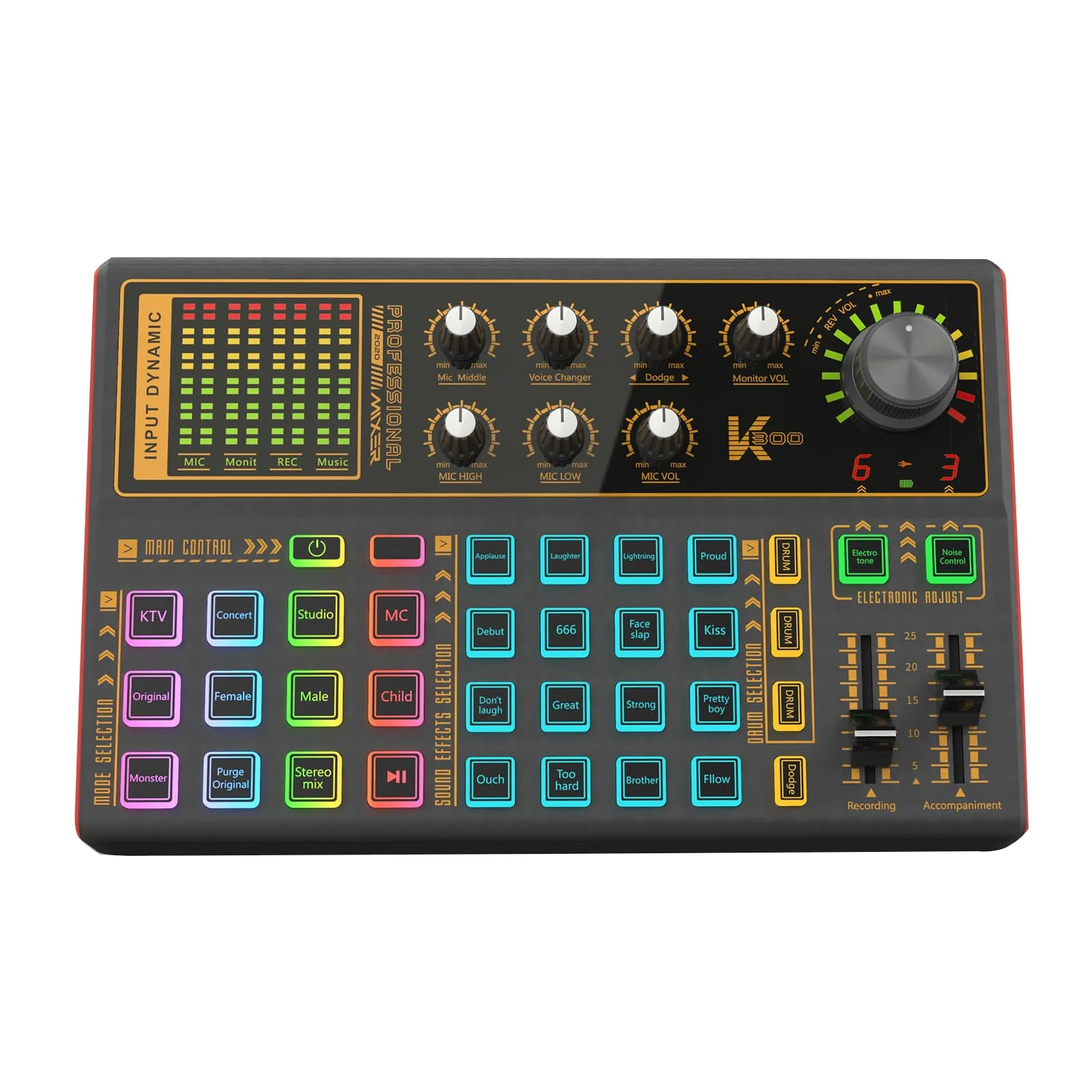 Docooler Professional Audio Mixer, K300 Live Sound Card and Audio with Multiple DJ Mixer Effects, 4 Voice Changes Live Sound Card with Cool 7 LED Light, Prefect for Podcasting/Gaming/Recording/PC - Image 2