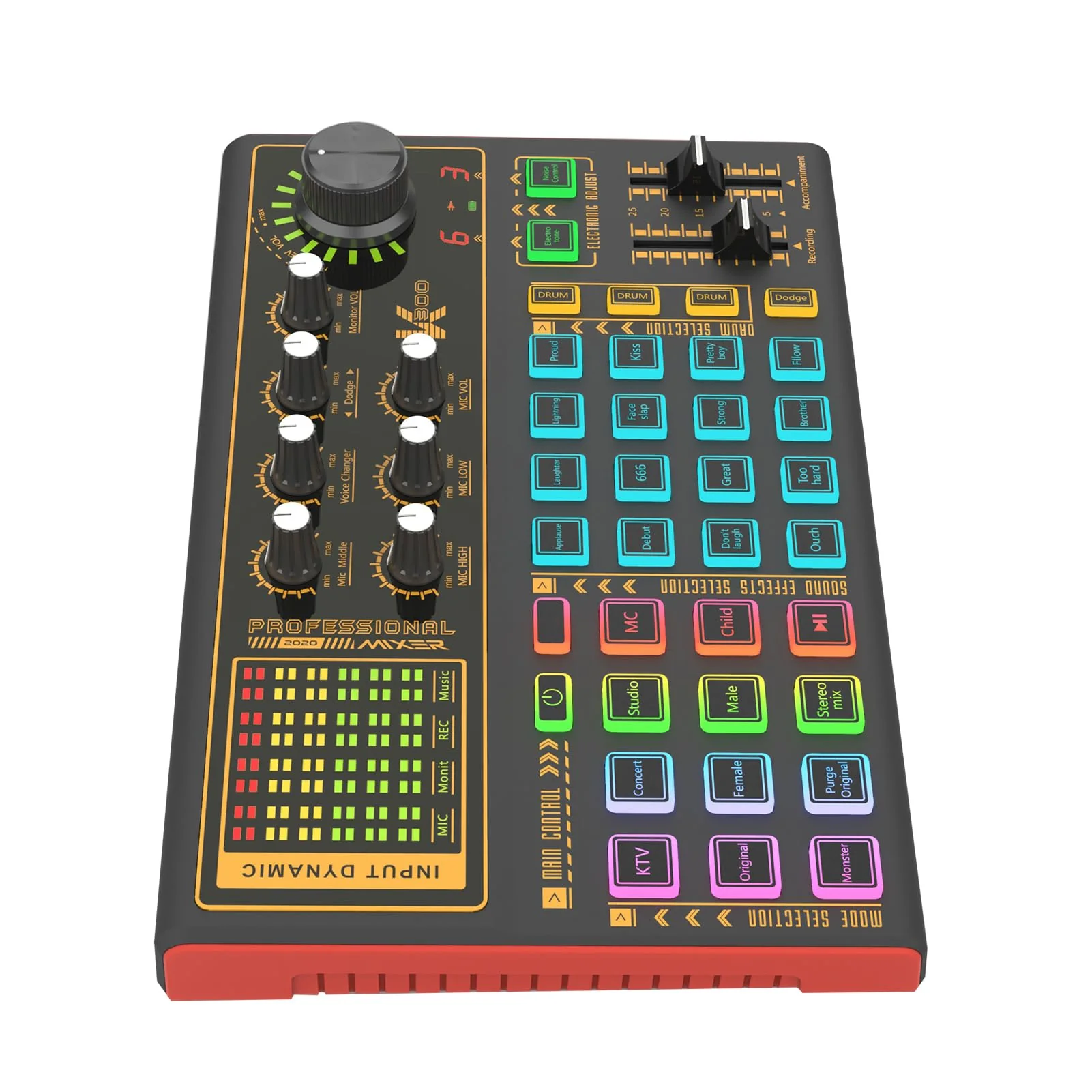 Docooler Professional Audio Mixer, K300 Live Sound Card and Audio with Multiple DJ Mixer Effects, 4 Voice Changes Live Sound Card with Cool 7 LED Light, Prefect for Podcasting/Gaming/Recording/PC - Image 3