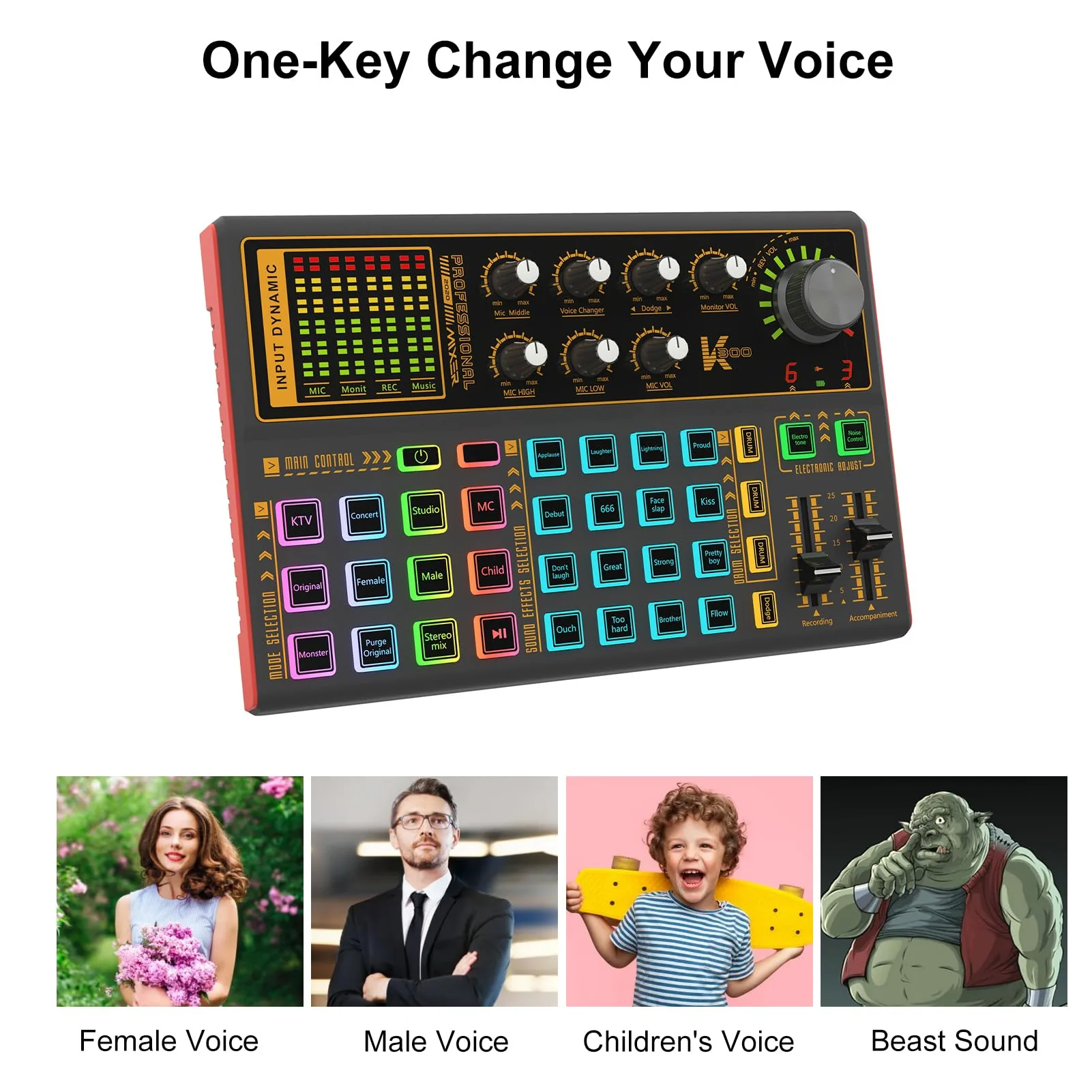 Docooler Professional Audio Mixer, K300 Live Sound Card and Audio with Multiple DJ Mixer Effects, 4 Voice Changes Live Sound Card with Cool 7 LED Light, Prefect for Podcasting/Gaming/Recording/PC - Image 4