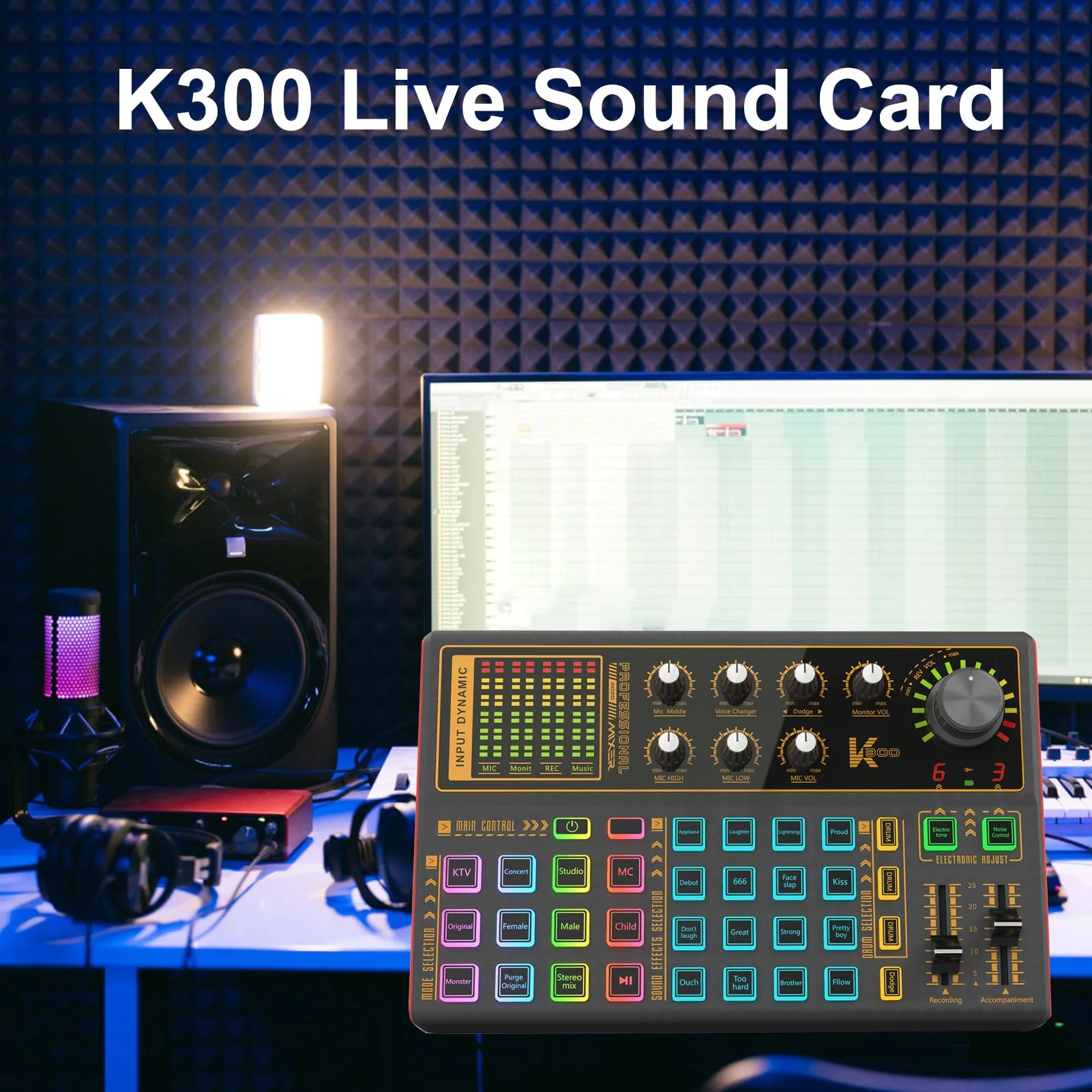 Docooler Professional Audio Mixer, K300 Live Sound Card and Audio with Multiple DJ Mixer Effects, 4 Voice Changes Live Sound Card with Cool 7 LED Light, Prefect for Podcasting/Gaming/Recording/PC - Image 5