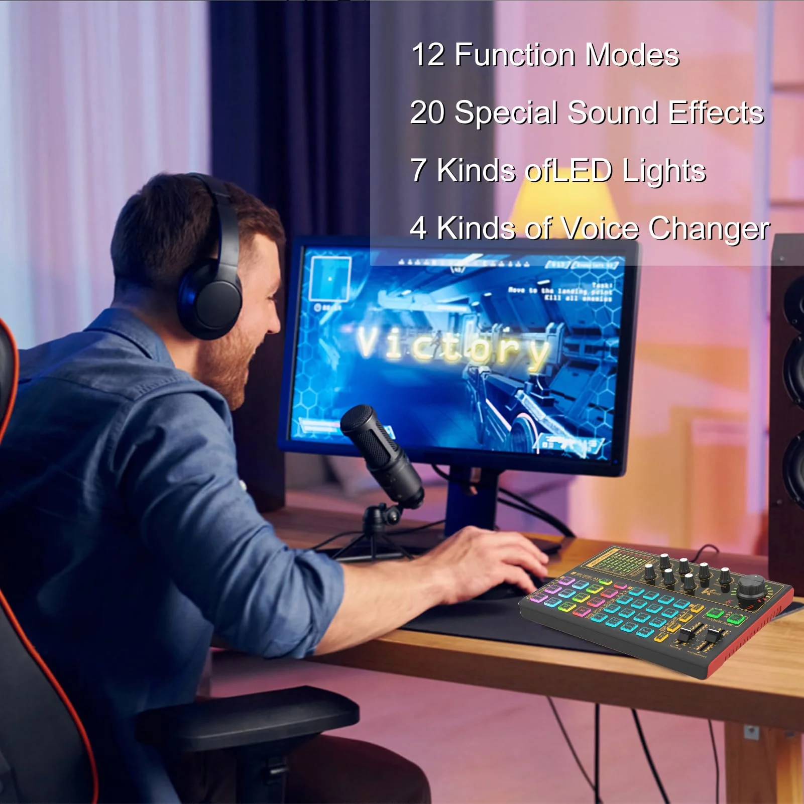 Docooler Professional Audio Mixer, K300 Live Sound Card and Audio with Multiple DJ Mixer Effects, 4 Voice Changes Live Sound Card with Cool 7 LED Light, Prefect for Podcasting/Gaming/Recording/PC - Image 6