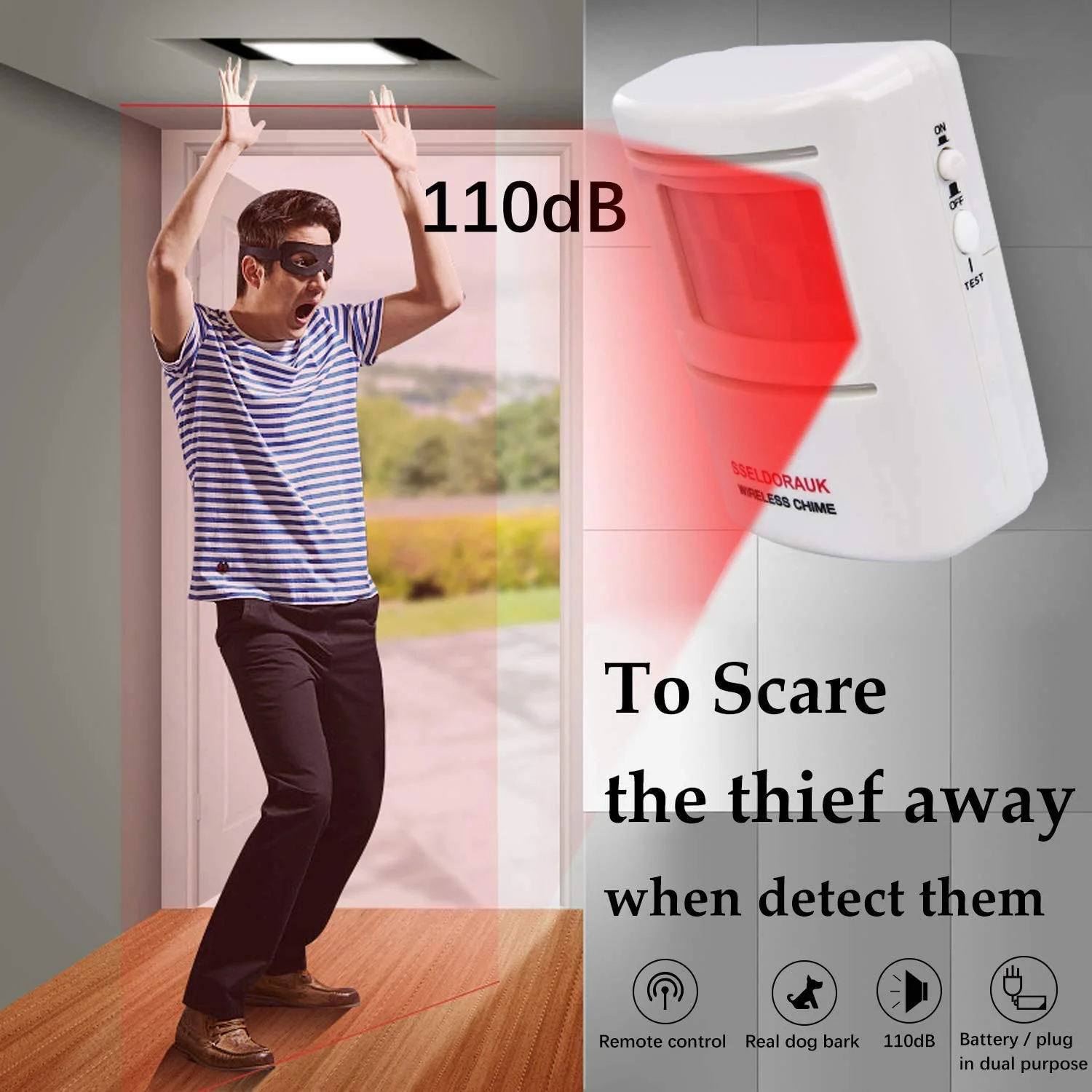 Dog Barking Alarm Motion Detector,Pir Wireless Human Body Walking Sensor Doorbell Door Security Alert System Device for Home or Office Burglar Deterrent (1Sensor + 2Receivers, White) 1Sensor + 2Receivers - Image 2
