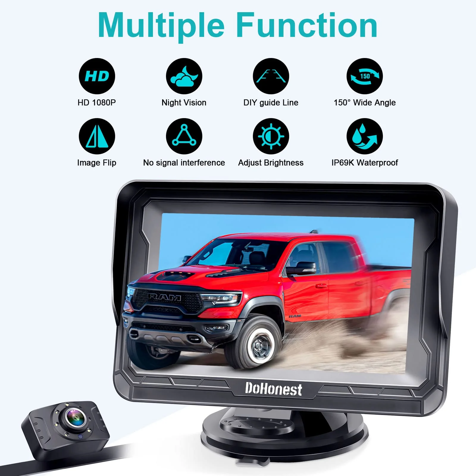 DoHonest Backup Camera and Monitor Kit HD 720P Easy Installation for Car/Suv/Pickup/Truck/Van/RV/Trailer Single Power Rear View System Driving/Reversing Use IP68 Waterproof Night Vision - Image 2