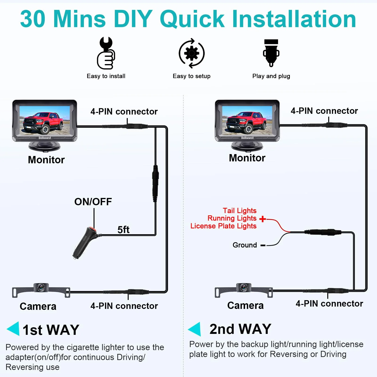 DoHonest Backup Camera and Monitor Kit HD 720P Easy Installation for Car/Suv/Pickup/Truck/Van/RV/Trailer Single Power Rear View System Driving/Reversing Use IP68 Waterproof Night Vision - Image 3