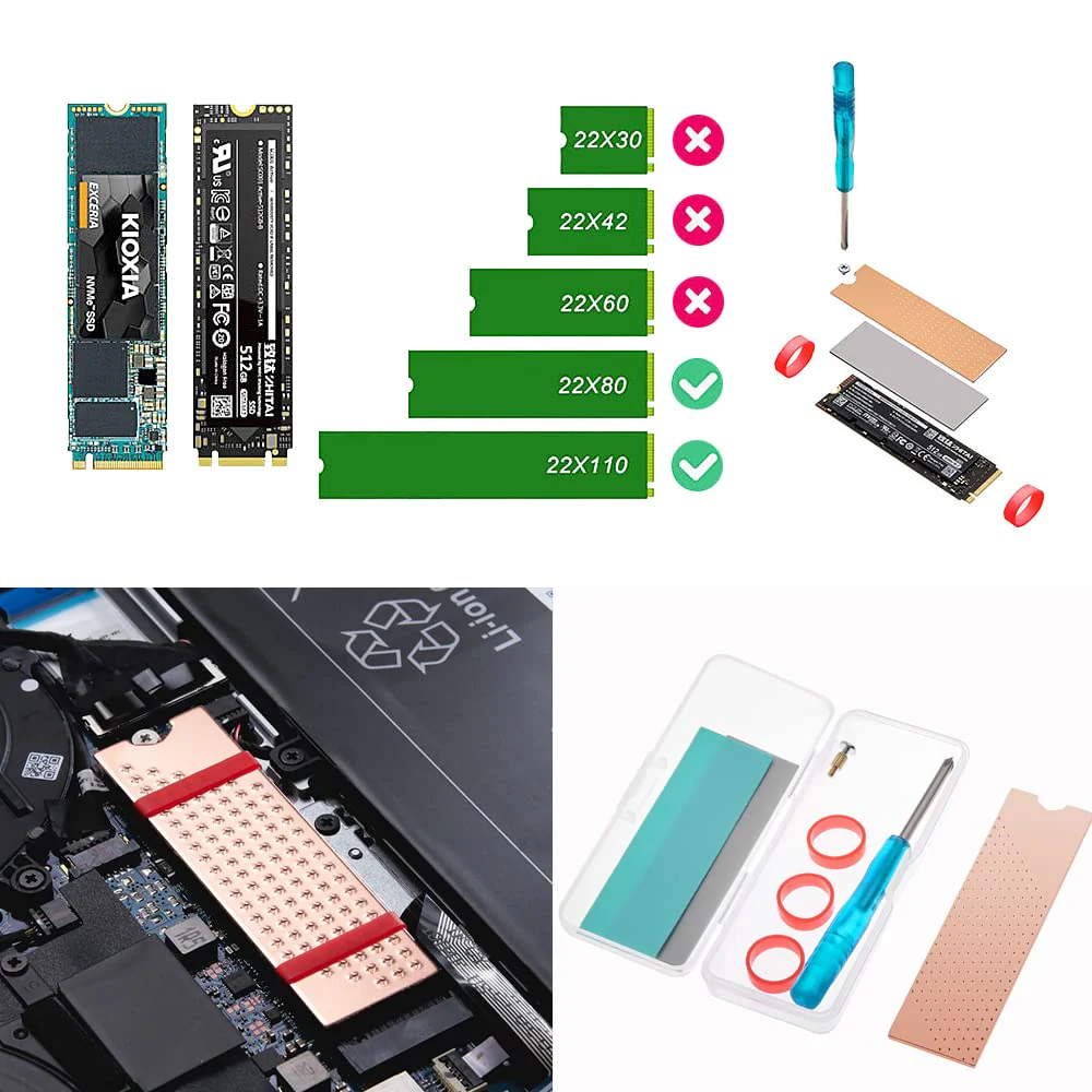 DolDer M.2 2280 SSD Copper Radiator Body 74 x 22 x 2 mm with Thermal Pad Screws Silicone Rings for Desktop PC (2 mm) 2mm - Image 2
