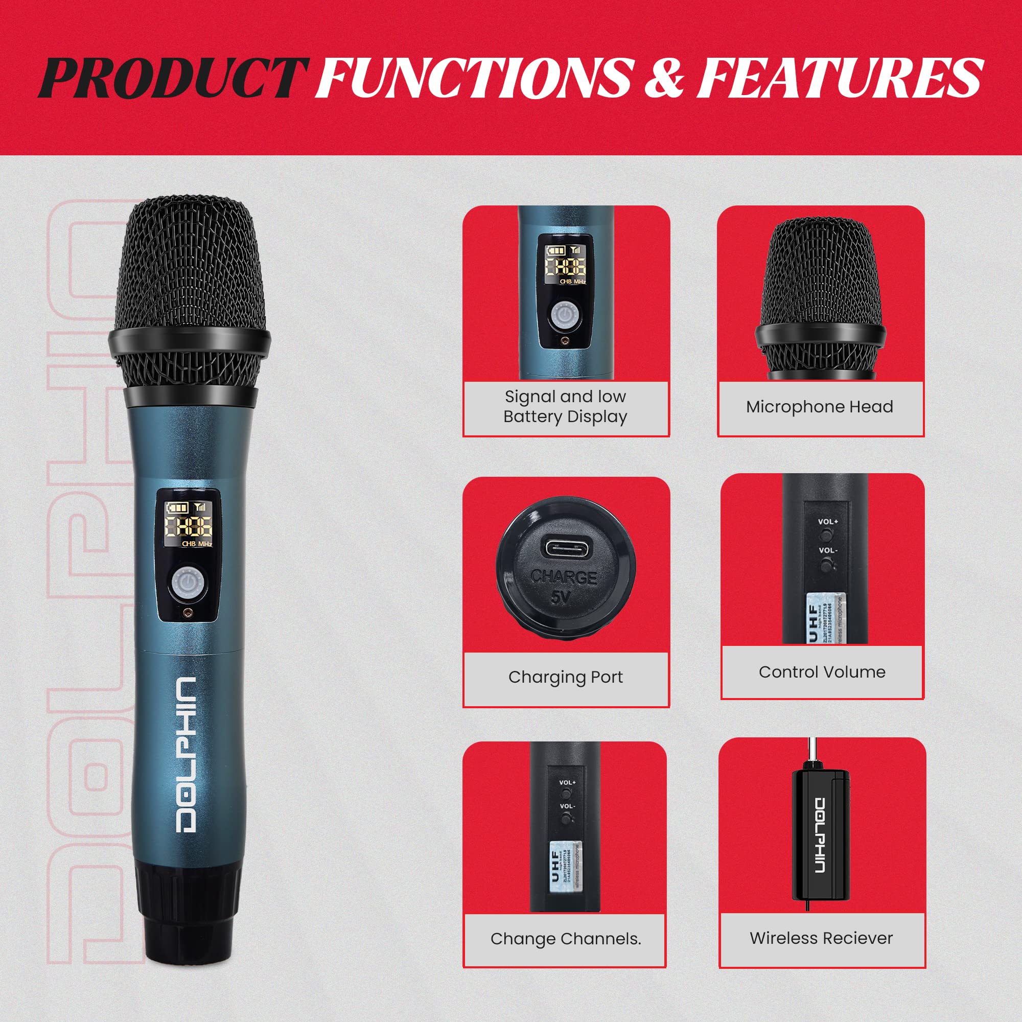 Dolphin MCX11 UHF Wireless Microphone for Karaoke, Singing, PA, Parties, Events, All-Metal, DSP, Long Range | Rechargeable, 50 Channels, Anti-Interference (Blue) Blue - Image 2