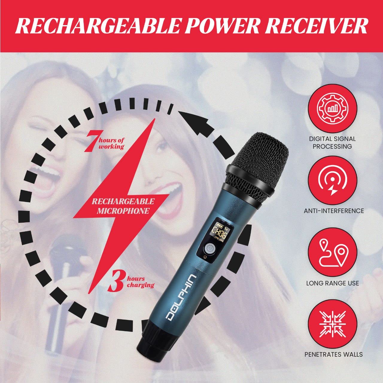 Dolphin MCX11 UHF Wireless Microphone for Karaoke, Singing, PA, Parties, Events, All-Metal, DSP, Long Range | Rechargeable, 50 Channels, Anti-Interference (Blue) Blue - Image 3