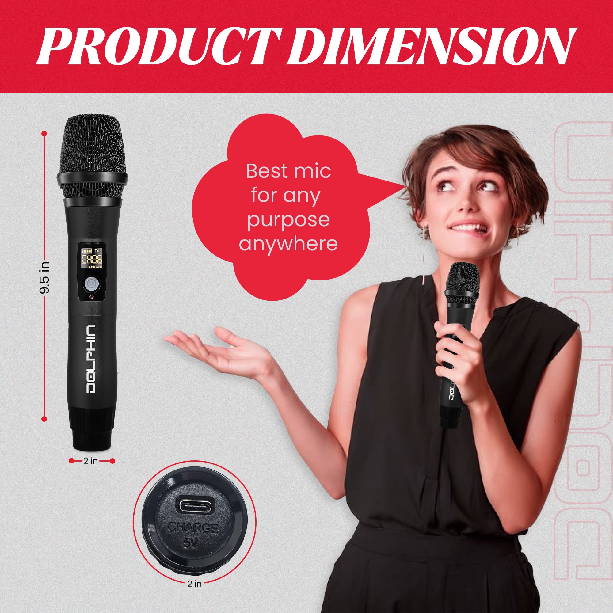 Dolphin MCX11 UHF Wireless Microphone for Karaoke, Singing, PA, Parties, Events, All-Metal, DSP, Long Range | Rechargeable, 50 Channels, Anti-Interference (Blue) Blue - Image 4
